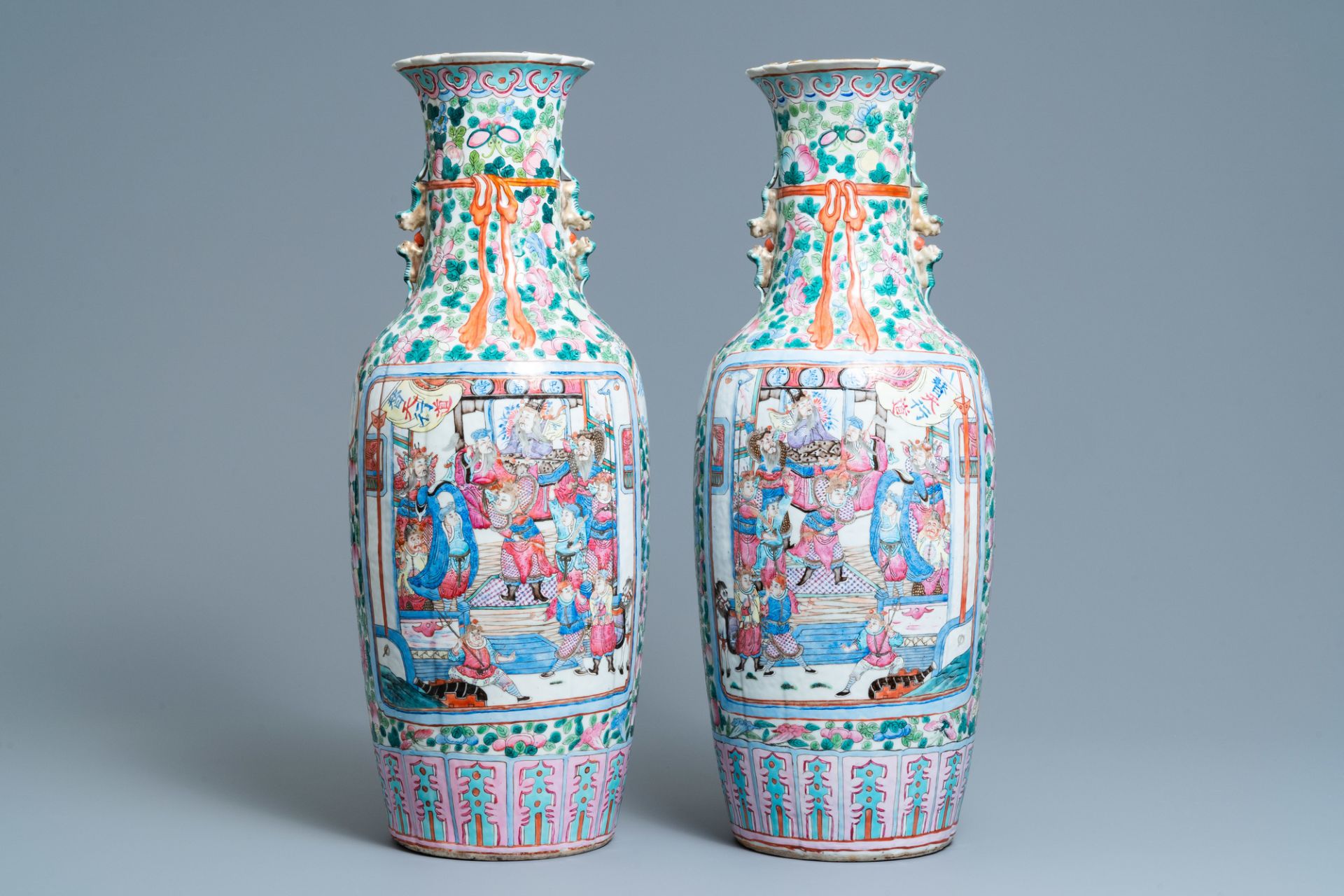 A pair of Chinese famille rose vases with court and warrior scenes, 19th C. - Image 3 of 12