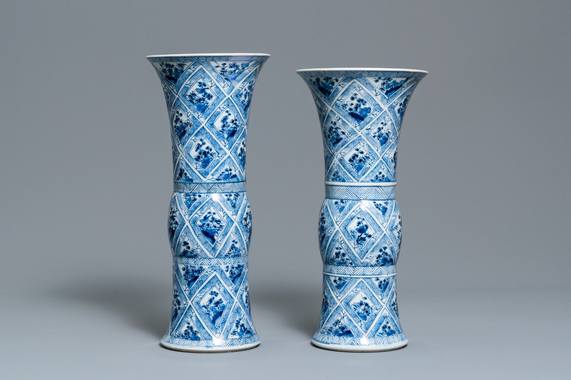 A large Chinese blue and white five-piece garniture with floral and landscape panels, Kangxi - Image 11 of 66