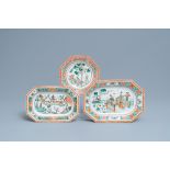 Three Chinese octagonal famille verte dishes, Kangxi