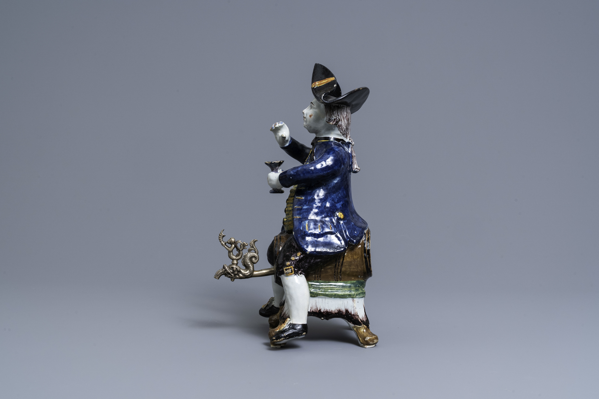 A large polychrome Dutch Delft 'Bobbejak' table fountain, 18th C. - Image 5 of 9