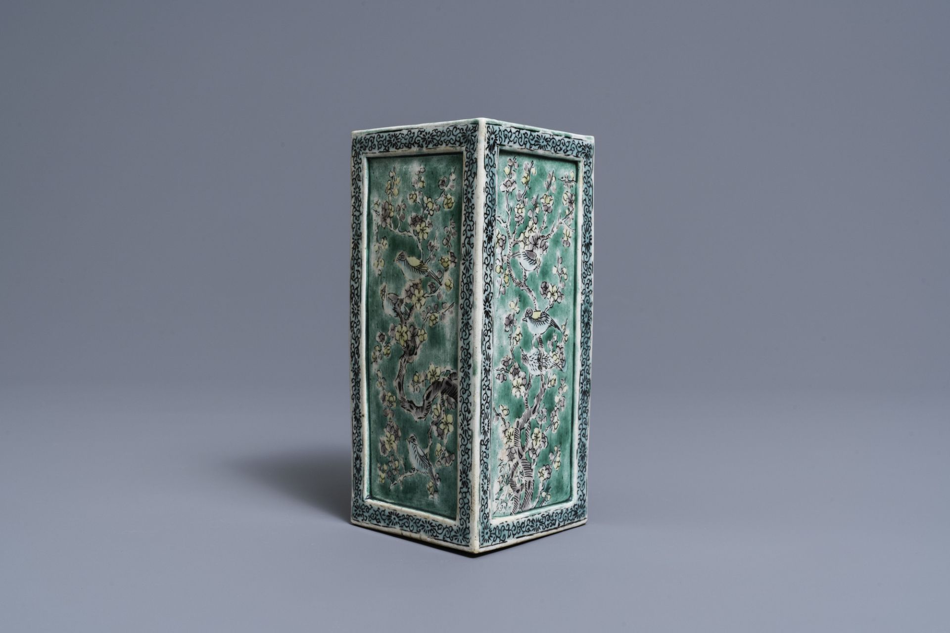 A square Chinese verte biscuit brush pot, Kangxi - Image 5 of 9