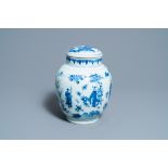 A Chinese blue and white jar and cover with figures in a landscape, Transitional period