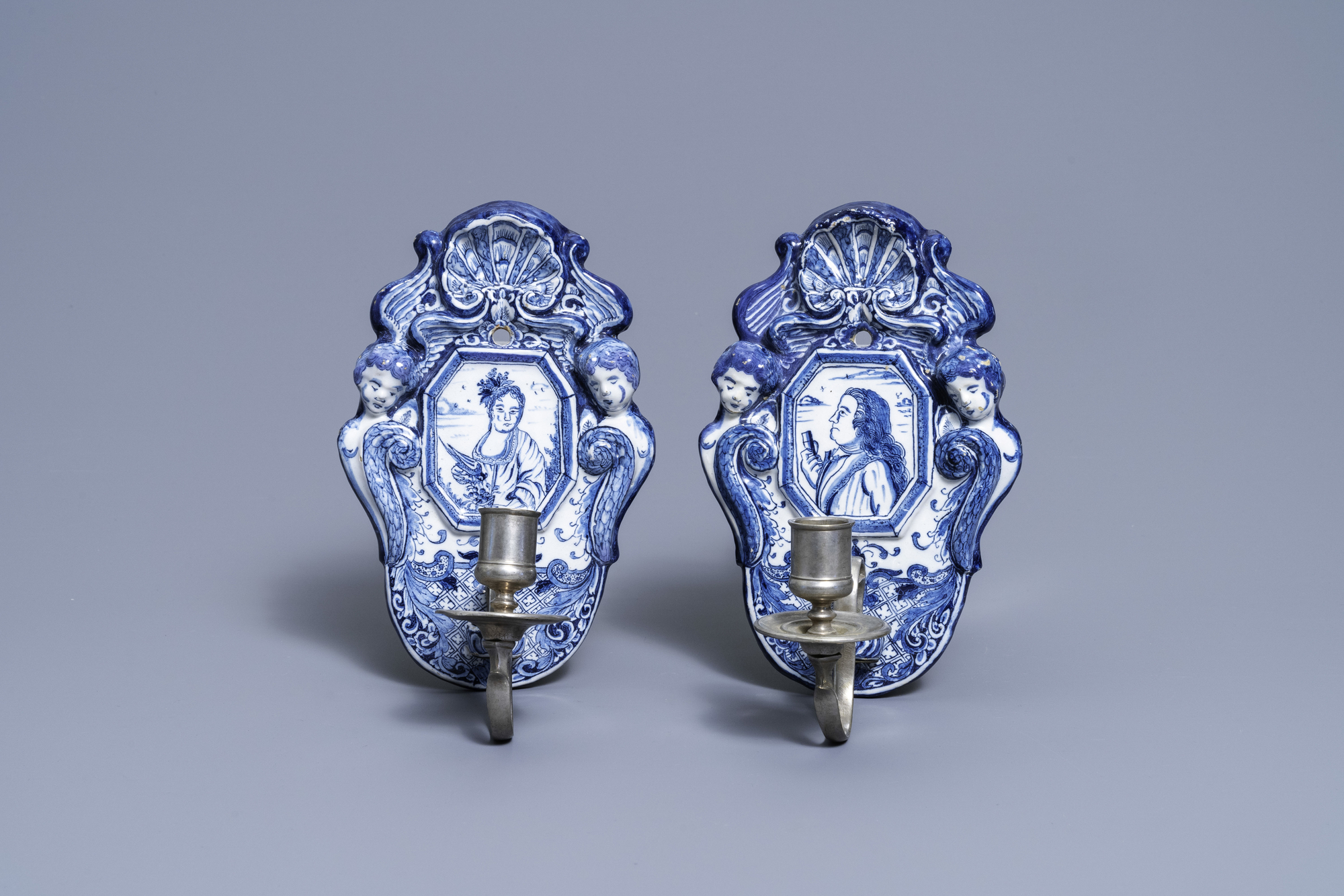 A pair of Dutch Delft blue and white appliques with royalist portraits, 18th C. - Image 2 of 8