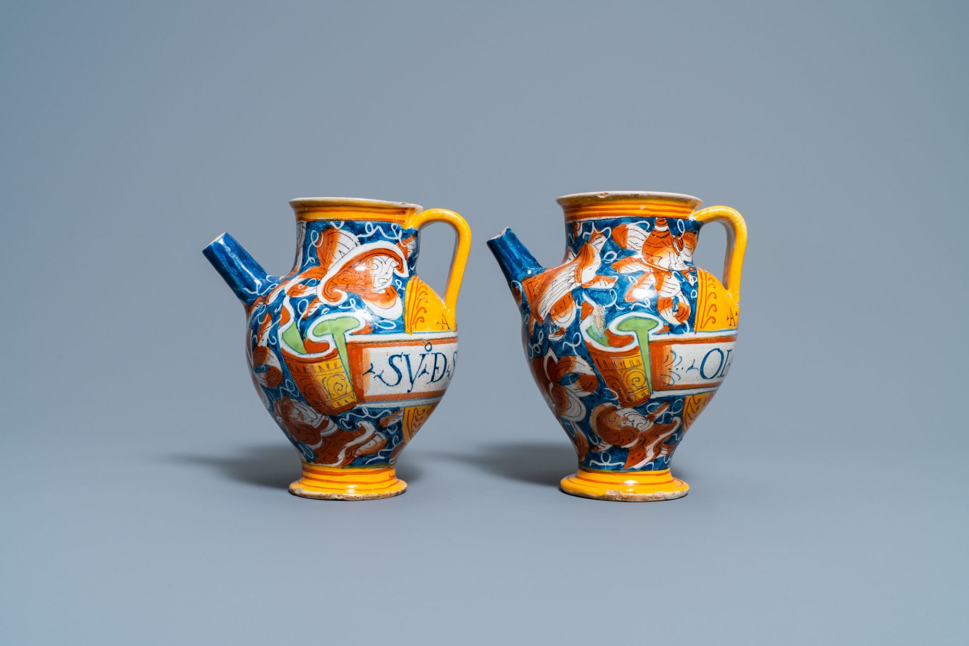 A pair of polychrome Italian maiolica wet drug jars, Casteldurante, 16th C. - Image 3 of 8