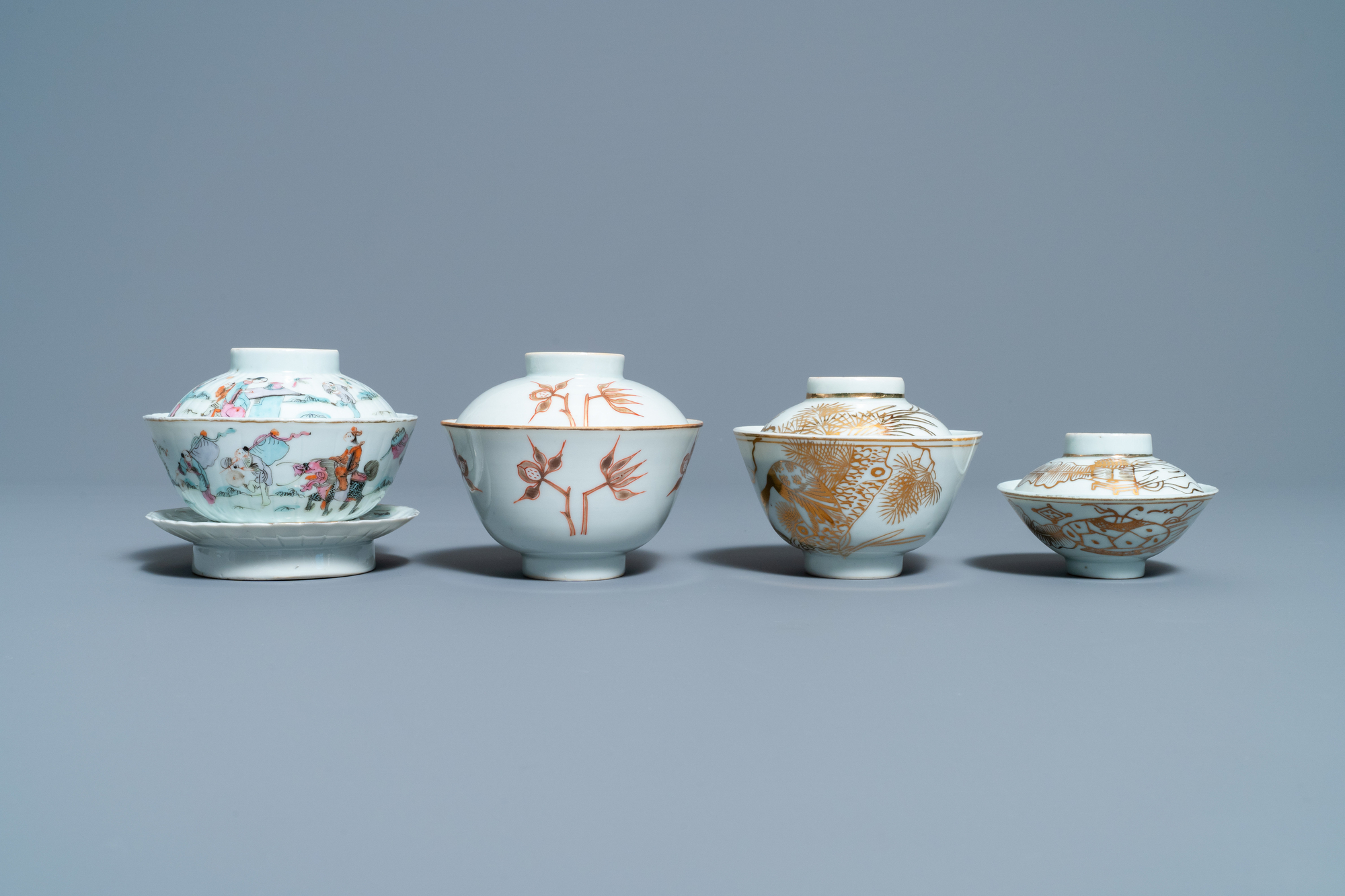 Eight Chinese famille rose and iron-red covered bowls with two stands, 19th C. - Image 2 of 15