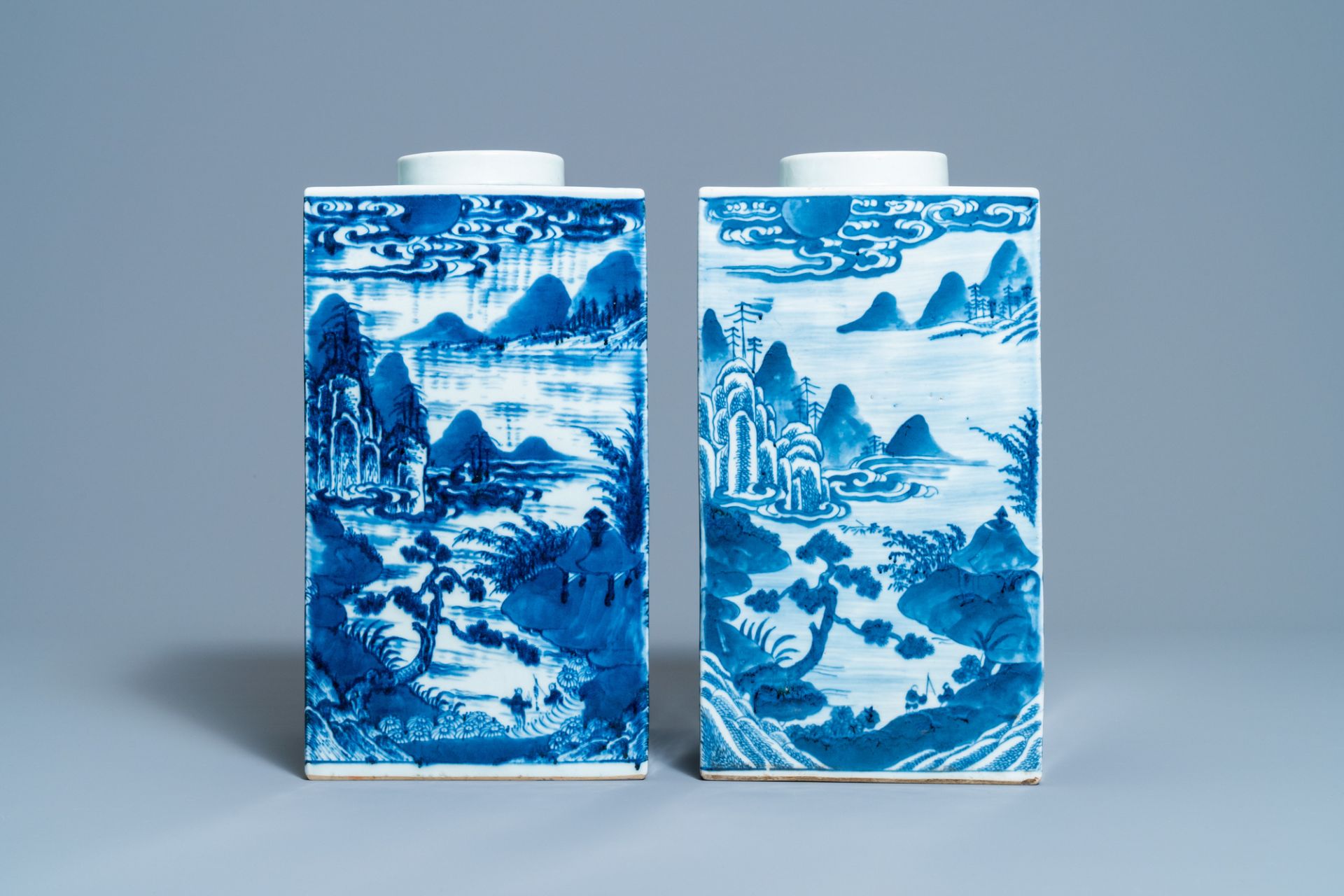 A pair of Chinese blue and white square 'landscape' jars, 19th C. - Image 3 of 9