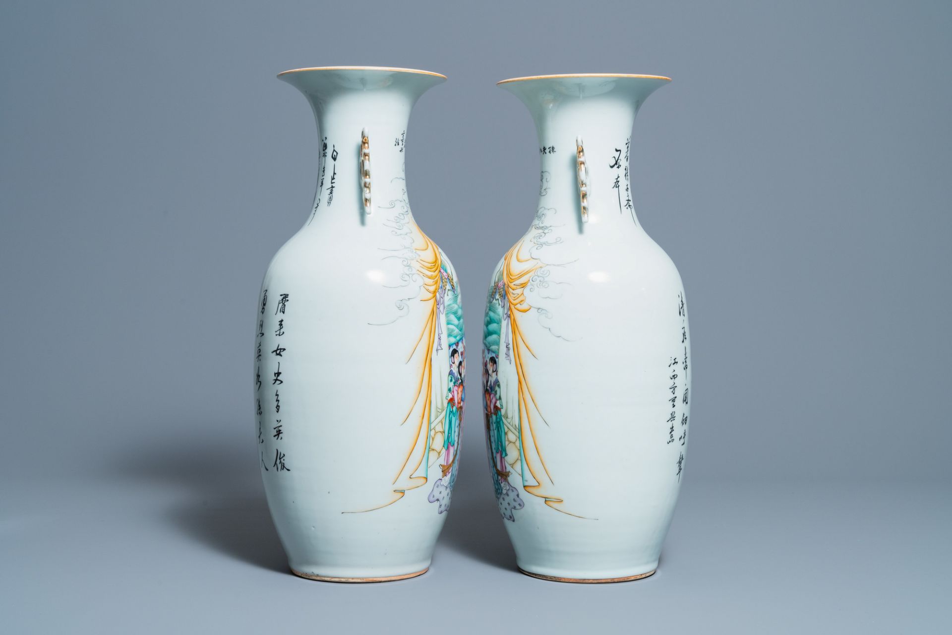 A pair of Chinese famille rose 'ladies' vases, 19/20th C. - Image 4 of 6