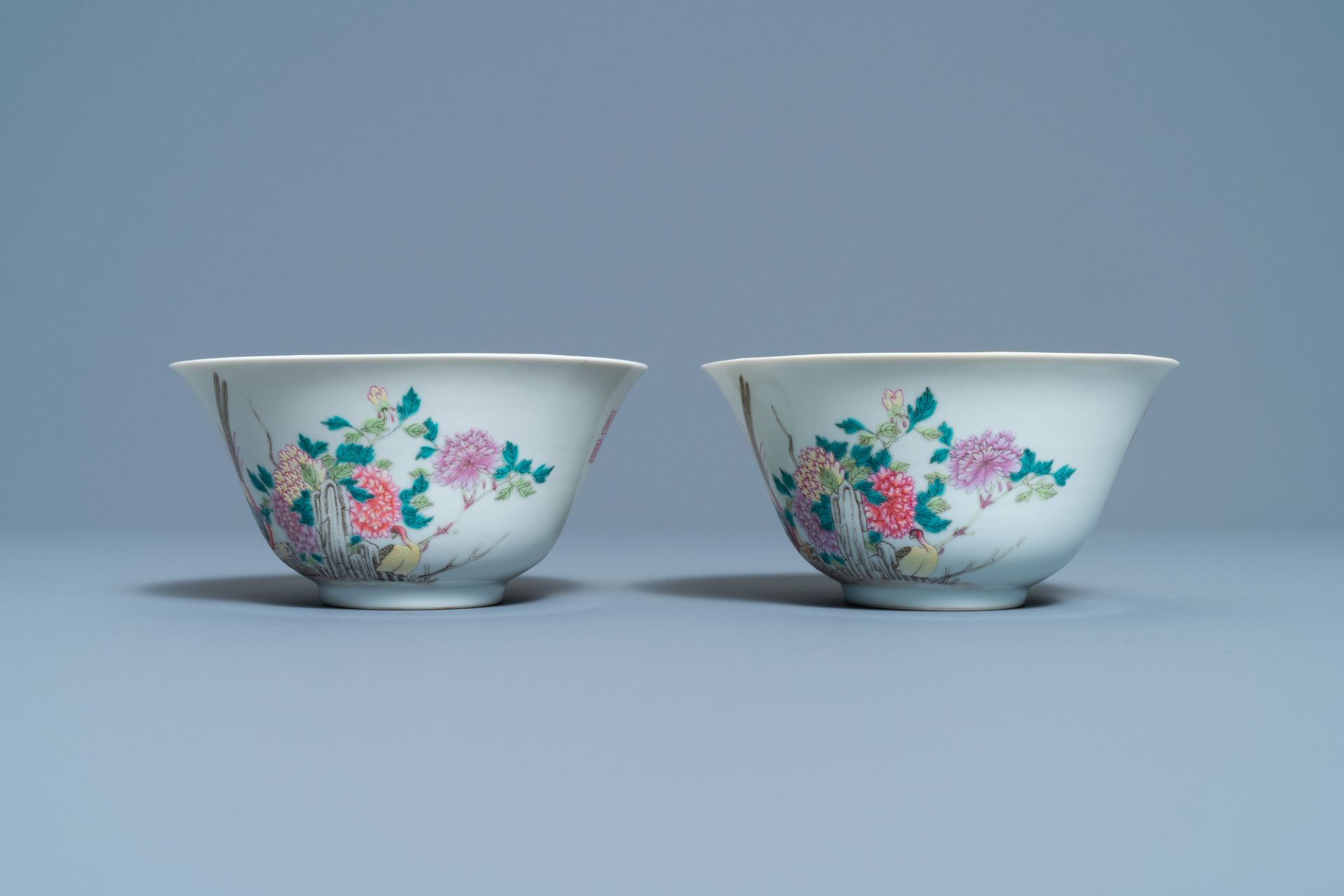 A pair of Chinese famille rose 'pheasant' bowls, Qianlong mark, Republic - Image 3 of 7