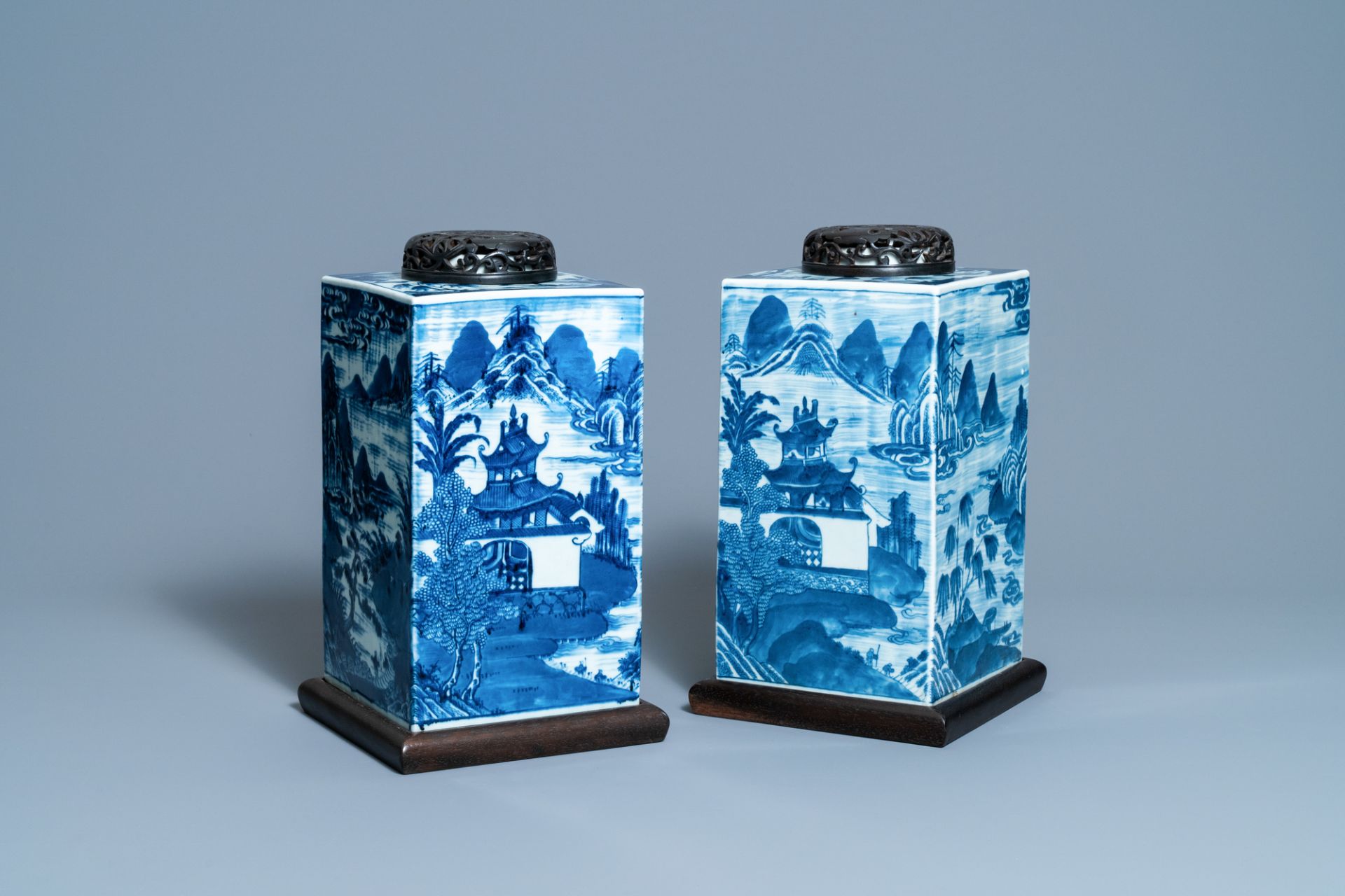 A pair of Chinese blue and white square 'landscape' jars, 19th C. - Image 8 of 9