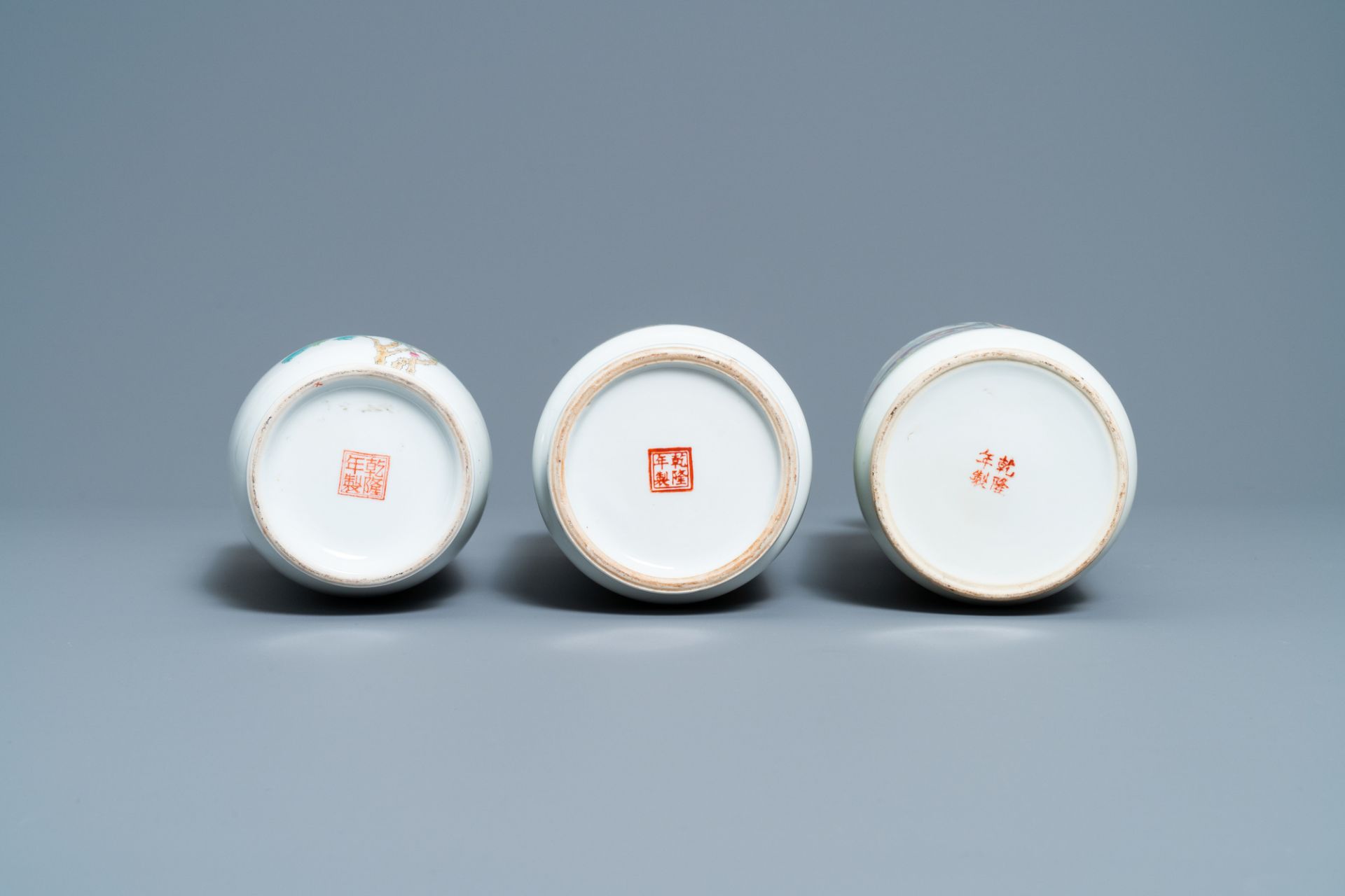 Three Chinese famille rose rouleau vases, Qianlong marks, Republic - Image 7 of 7