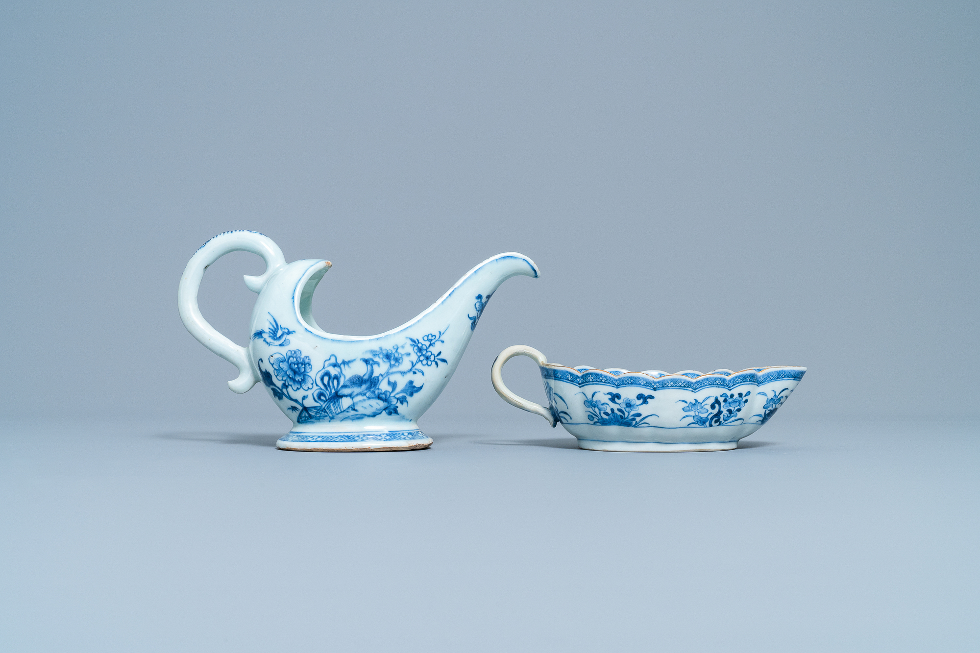 Two Chinese blue and white sauceboats on stands, Qianlong - Image 4 of 10