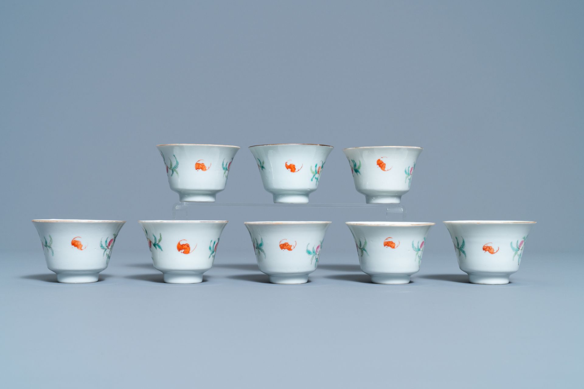 Eight Chinese famille rose 'nine peach' bowls, Hui Tong Zhen Pin mark, 19/20th C. - Image 4 of 7