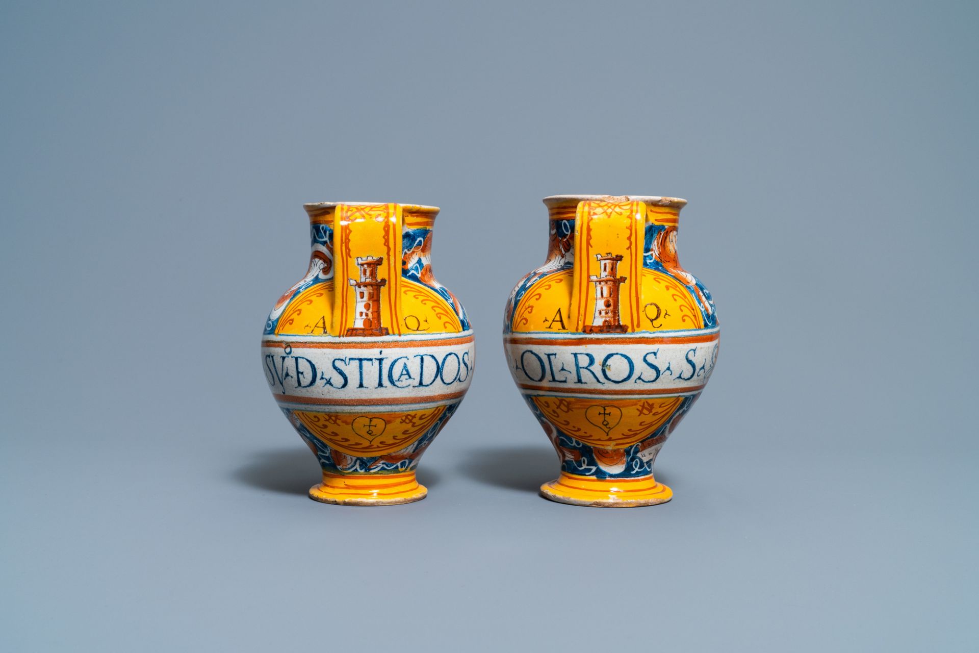 A pair of polychrome Italian maiolica wet drug jars, Casteldurante, 16th C. - Image 4 of 8
