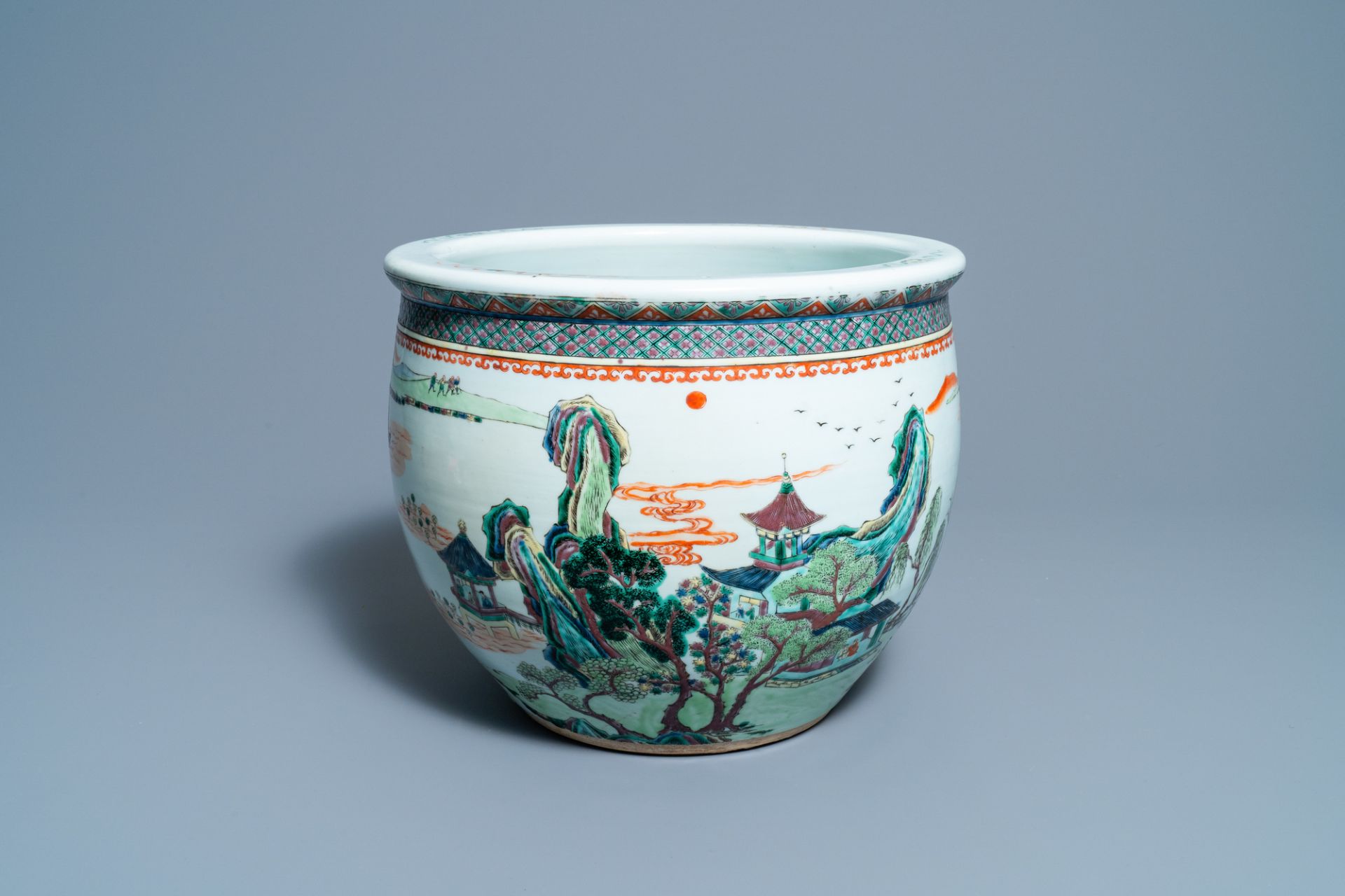 A Chinese famille verte fishbowl, 19th C.