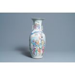 A Chinese famille rose vase with figurative and floral design, 19/20th C.