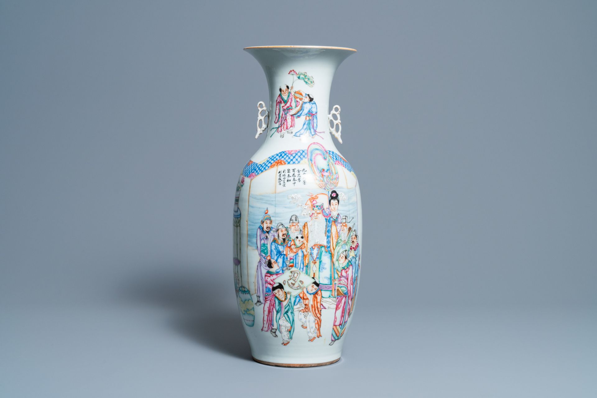 A Chinese famille rose vase with figurative and floral design, 19/20th C.