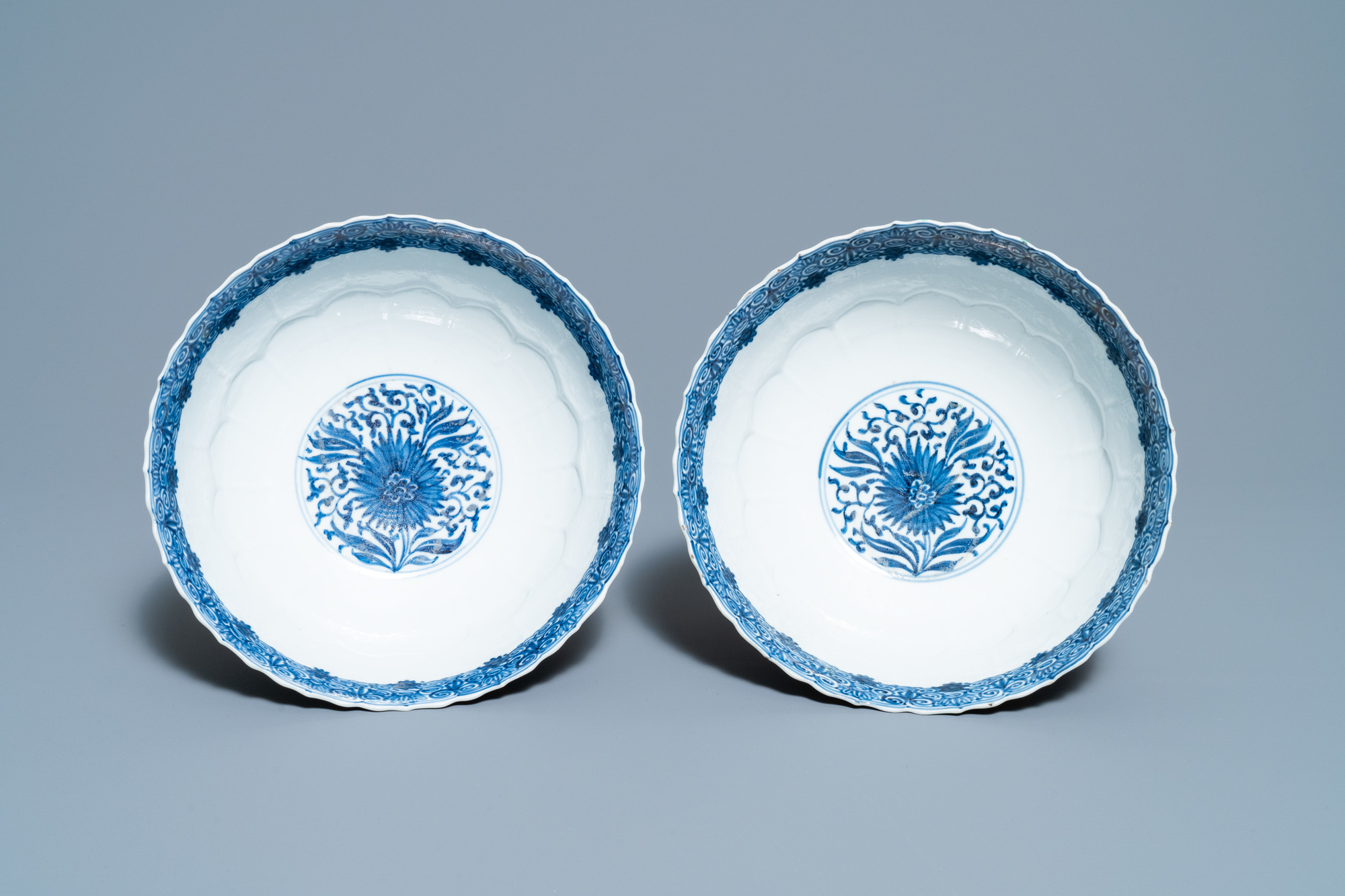 A pair of Chinese famille verte cafe-au-lait-ground lotus-molded bowls, Kangxi - Image 7 of 8