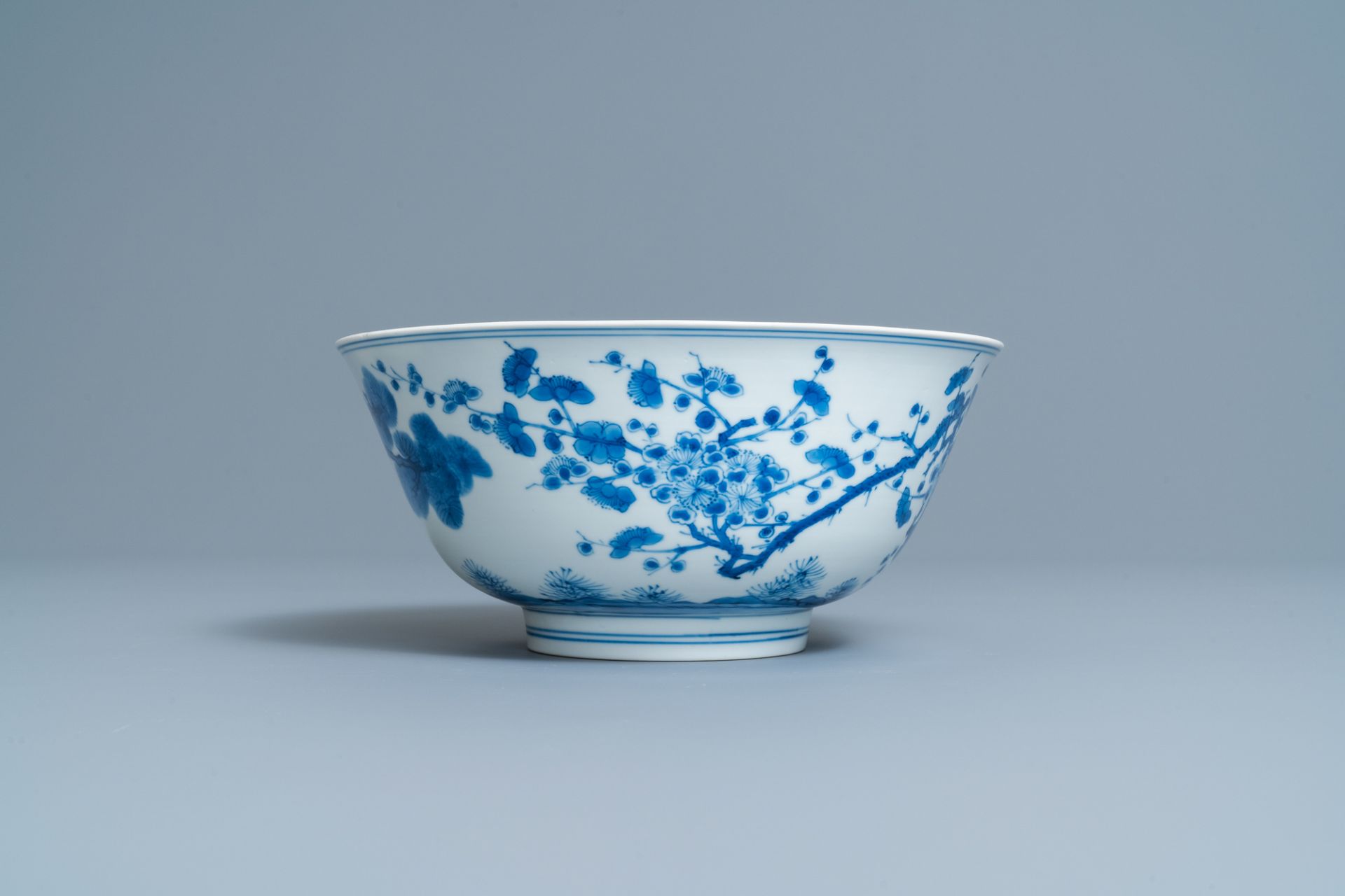 A Chinese blue and white 'Three friends of winter' bowl, Kangxi mark and of the period - Image 3 of 7