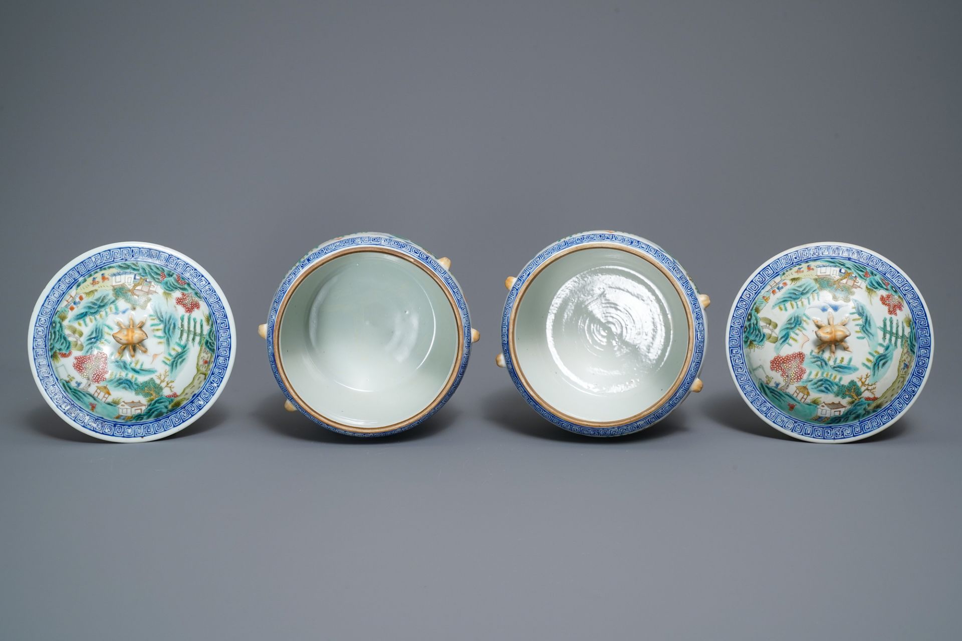 A pair of Chinese famille rose bowls and covers with landscapes, Qianlong mark, Republic - Image 6 of 15