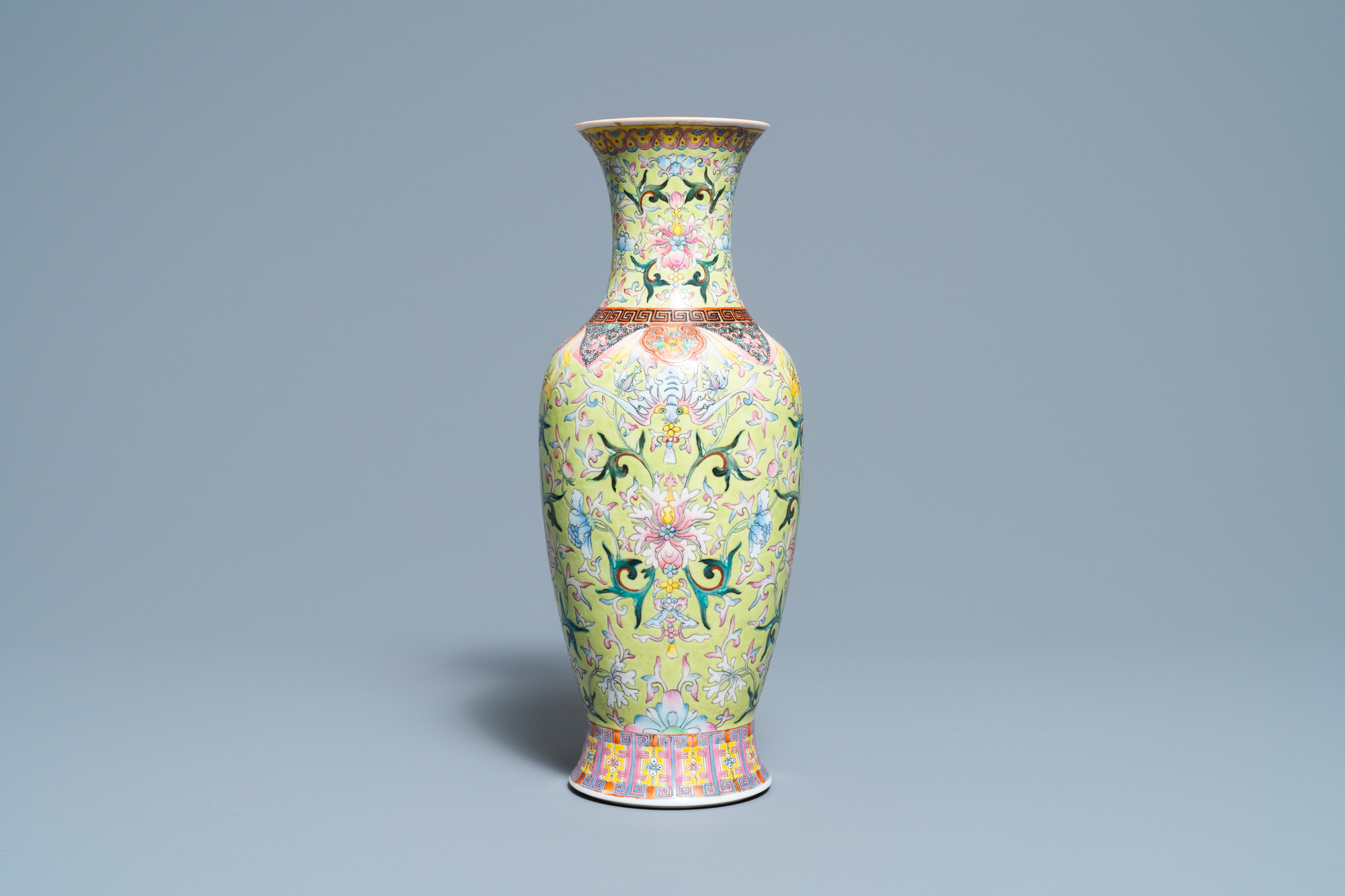 A Chinese famille rose lime green-ground vase, Qianlong mark, Republic - Image 4 of 6