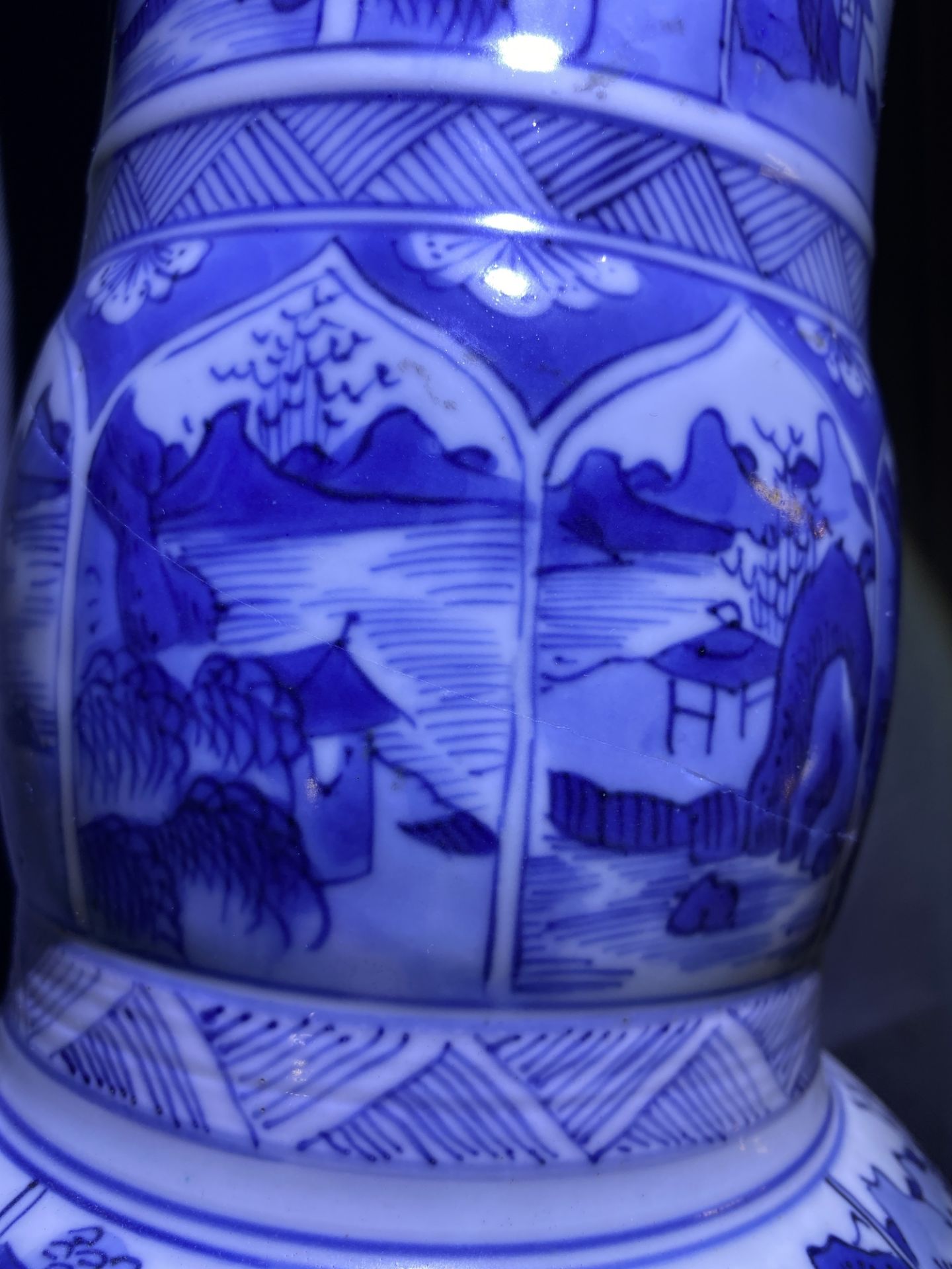 A pair of Chinese blue and white yenyen vases with figures in landscapes, Kangxi - Image 8 of 30