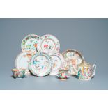 Six Chinese famille rose plates, a teapot, a covered bowl and a cup, 18/19th C.