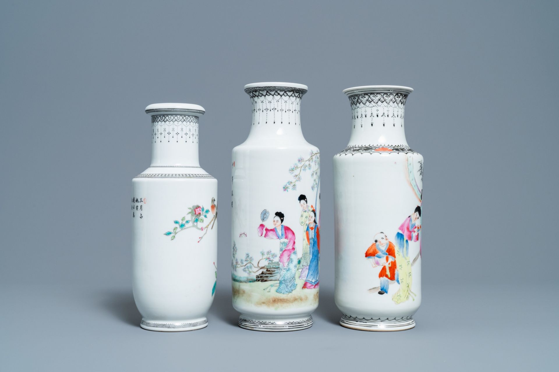 Three Chinese famille rose rouleau vases, Qianlong marks, Republic - Image 5 of 7