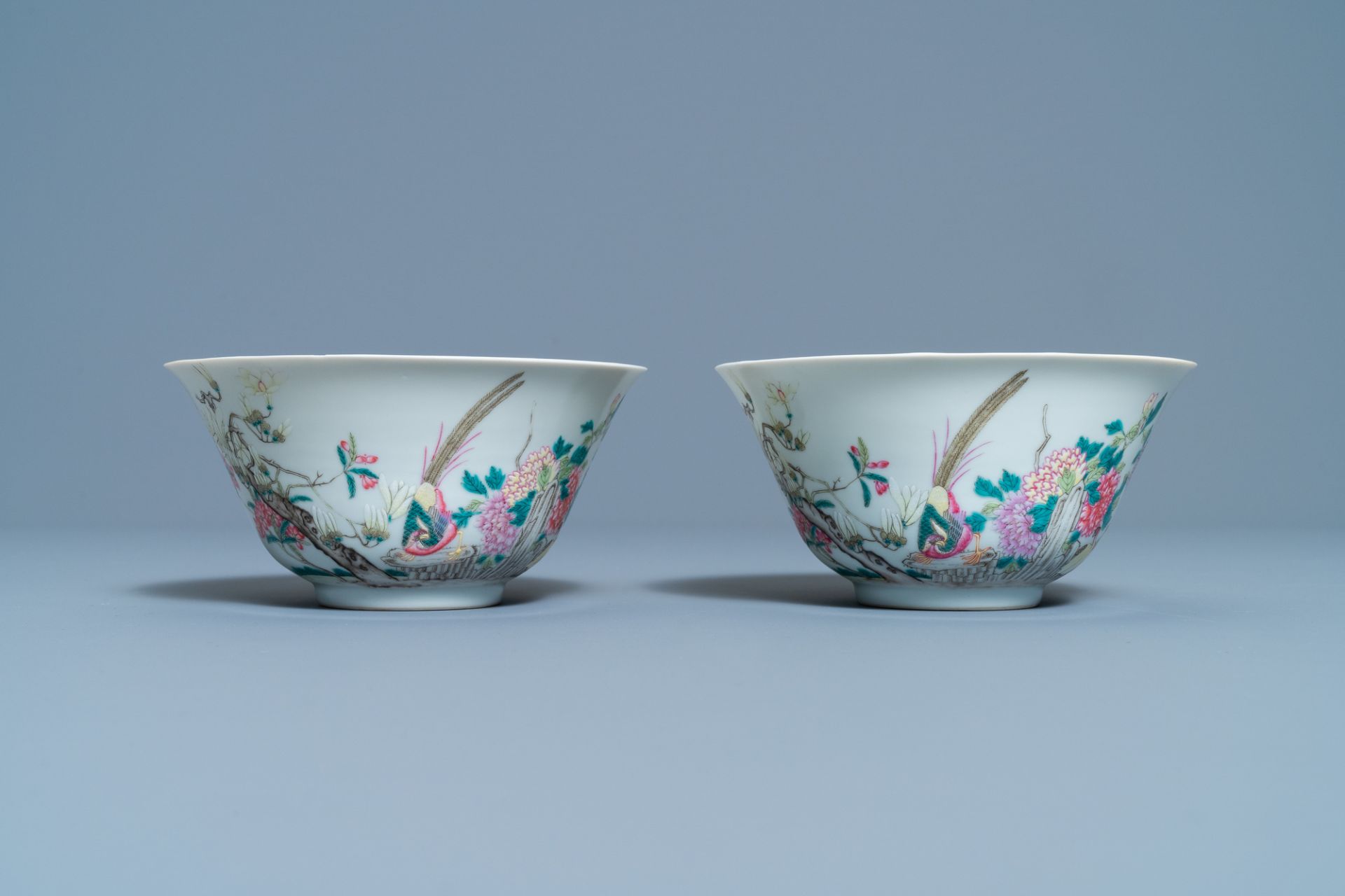 A pair of Chinese famille rose 'pheasant' bowls, Qianlong mark, Republic - Image 2 of 7