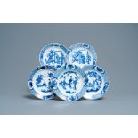 Five Chinese blue and white figurative plates, Kangxi and Chenghua marks, Kangxi