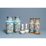 Three pairs of Chinese famille rose, verte and crackle-glazed vases, 19th C.