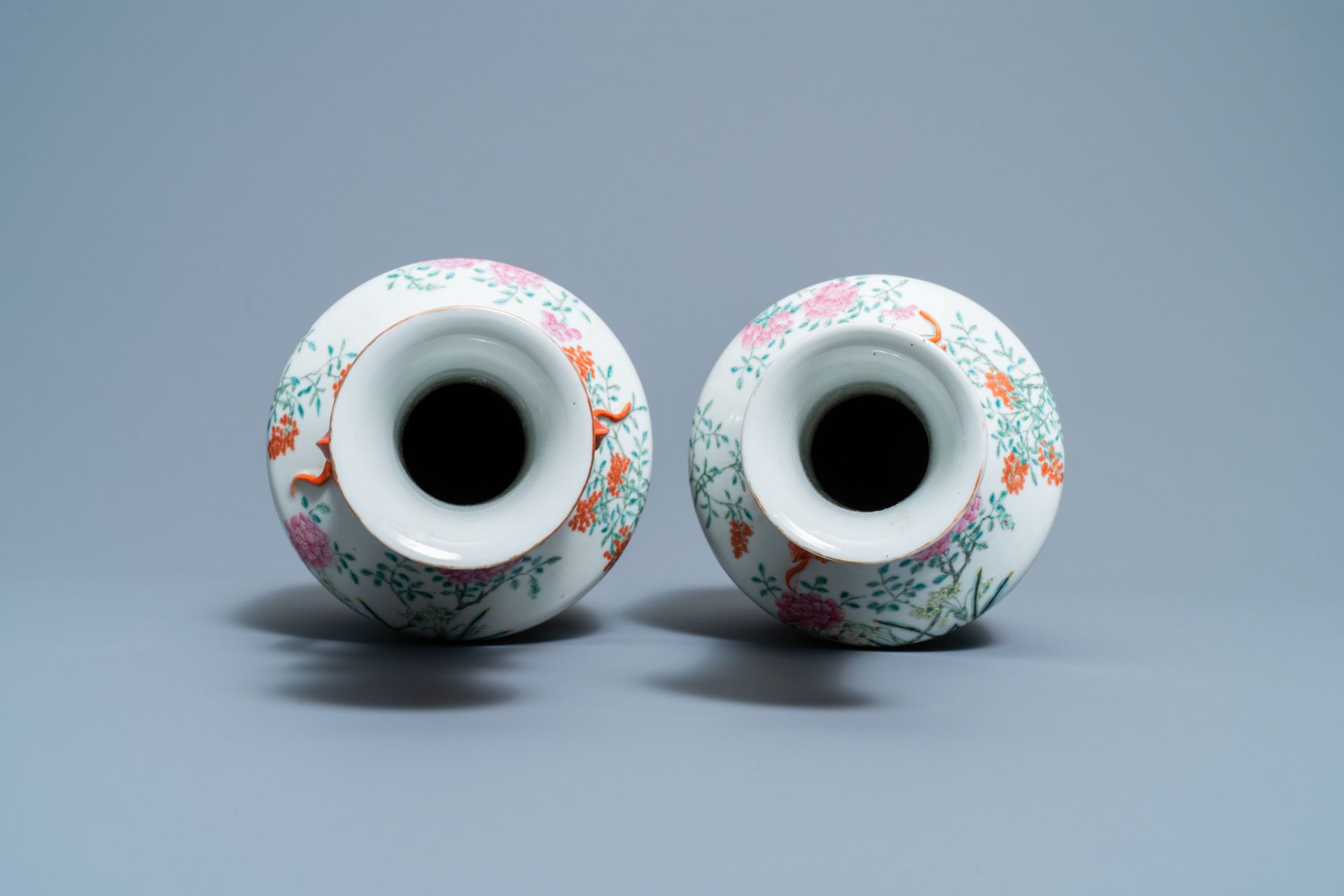 A pair of Chinese famille rose 'floral scenery' vases, Jiaqing mark, 19th C. - Image 5 of 6