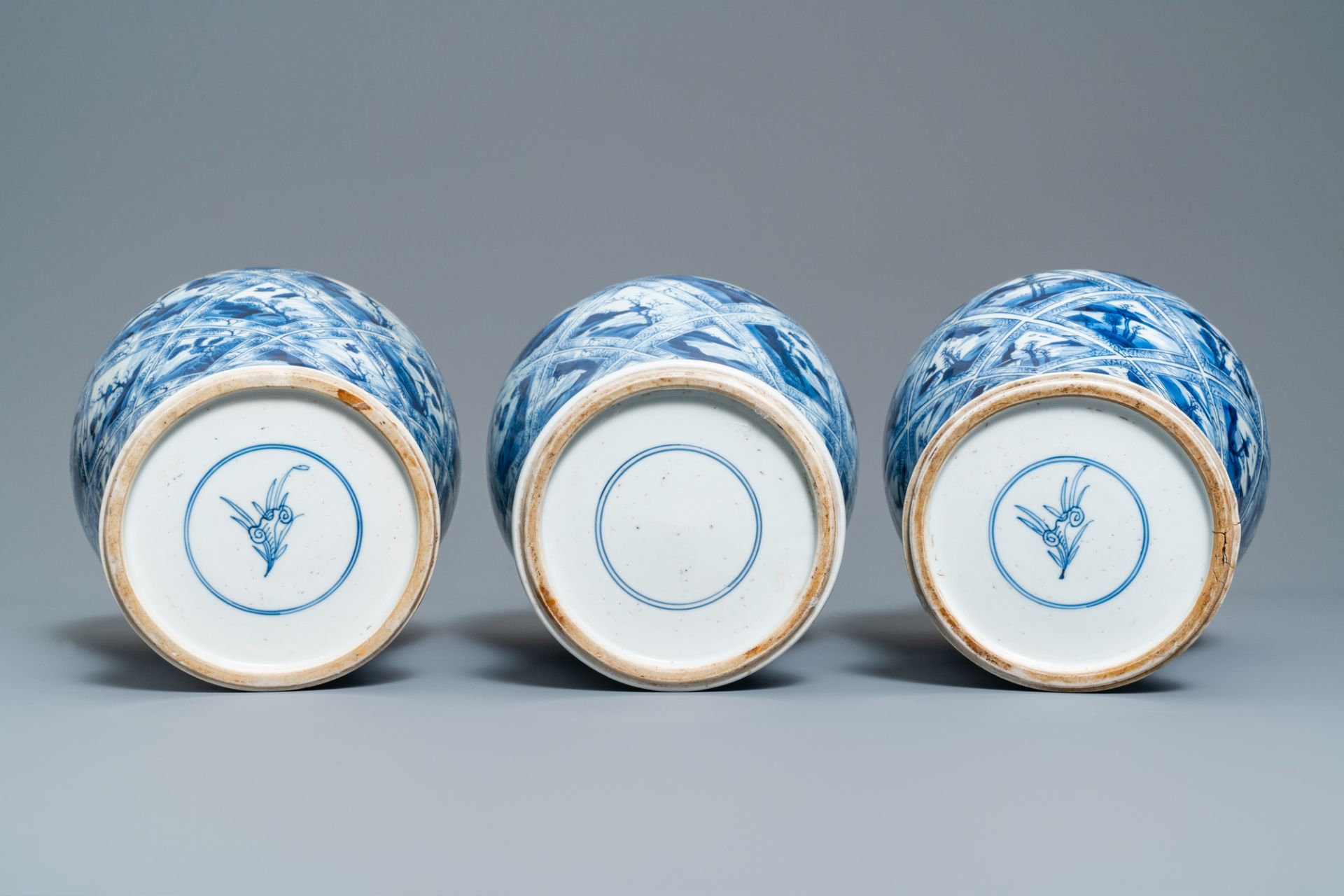 A large Chinese blue and white five-piece garniture with floral and landscape panels, Kangxi - Image 7 of 66