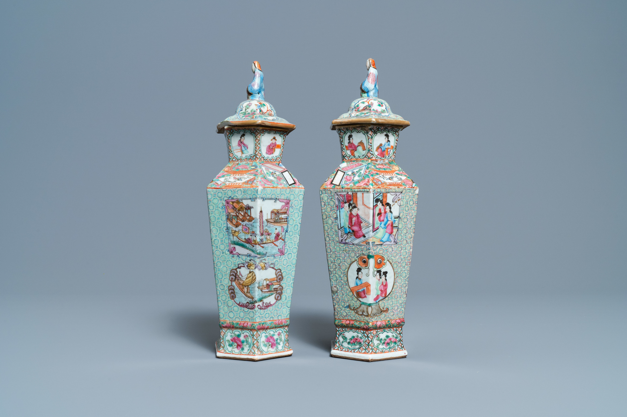 Two Chinese hexagonal Canton famille rose vases and covers, 19th C. - Image 2 of 6