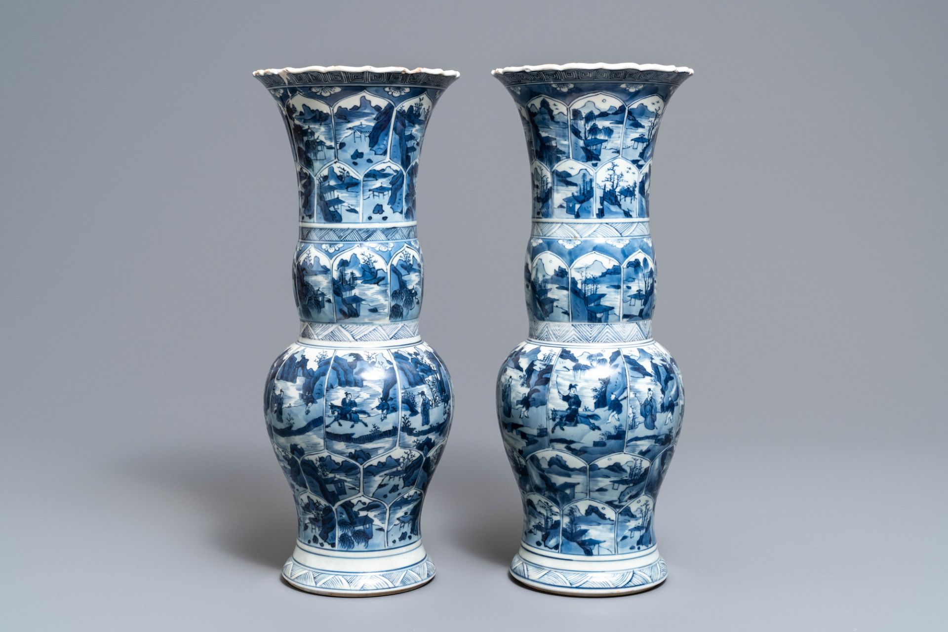 A pair of Chinese blue and white yenyen vases with figures in landscapes, Kangxi - Image 2 of 30