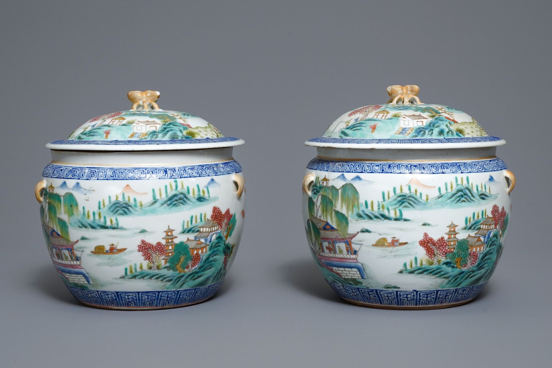 A pair of Chinese famille rose bowls and covers with landscapes, Qianlong mark, Republic - Image 4 of 15