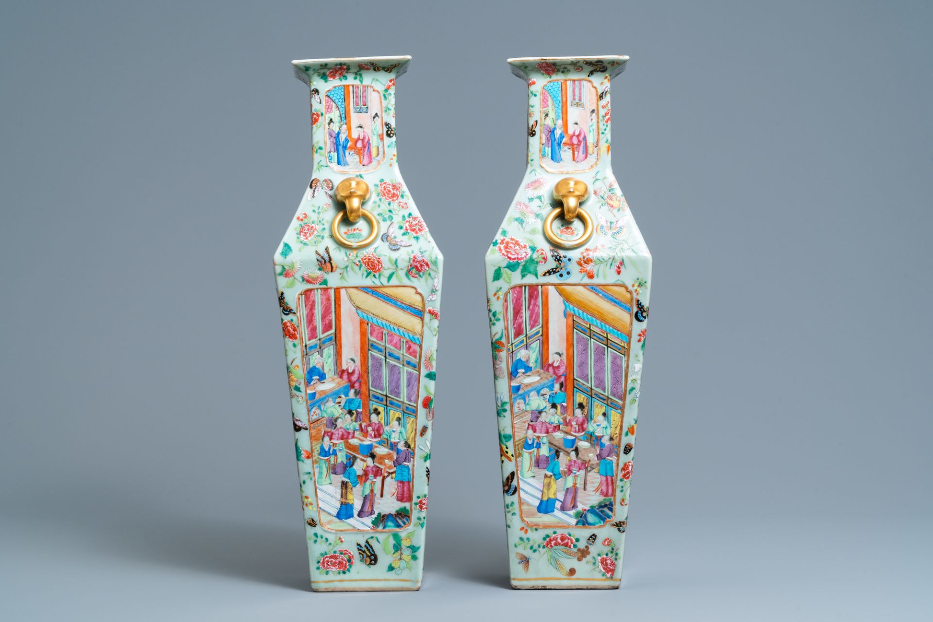 A pair of Chinese square famille rose celadon-ground vases on gilt bronze feet, 19th C. - Image 5 of 7