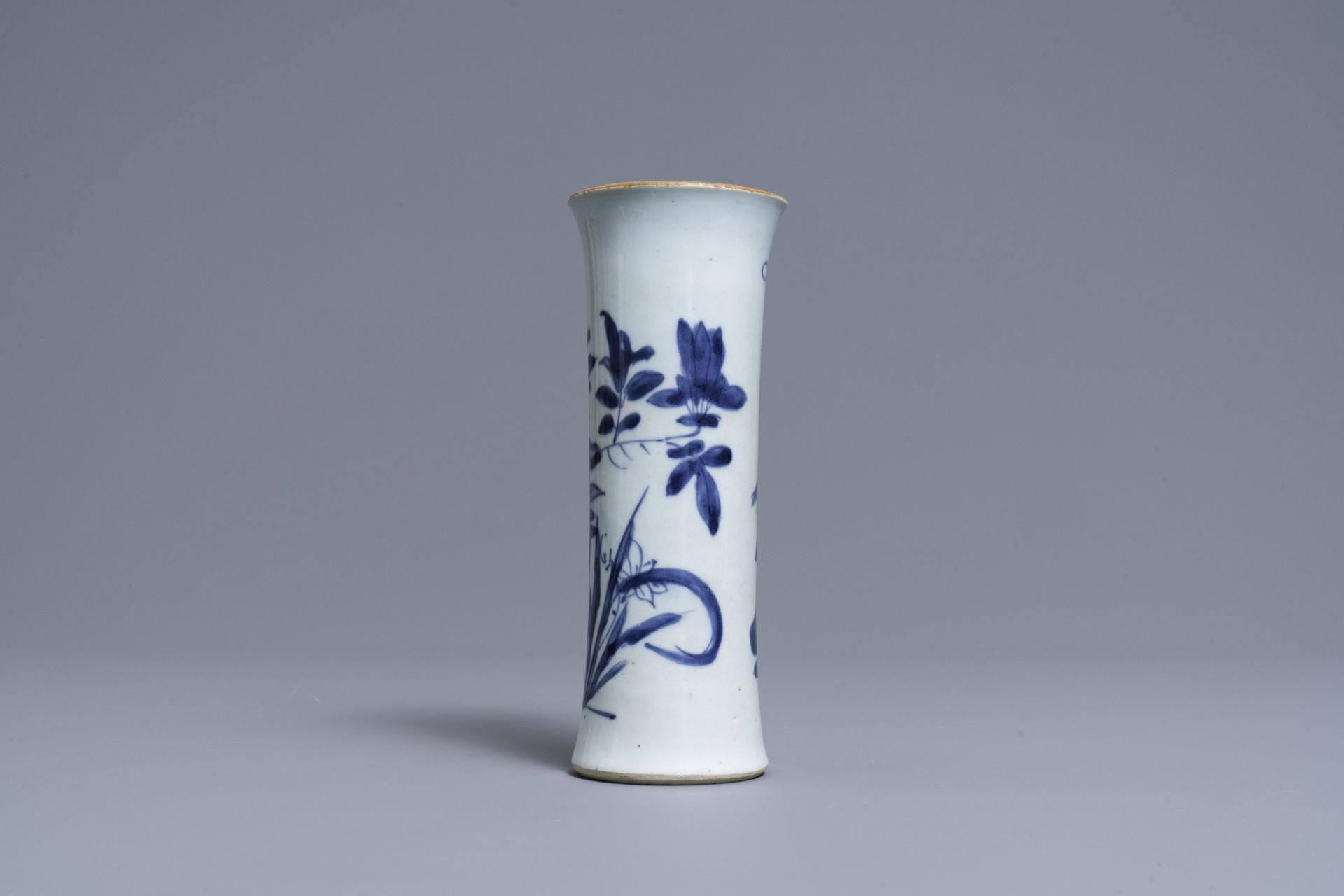 A Chinese blue and white sleeve vase with birds among blossoming branches, Transitional period - Image 2 of 6