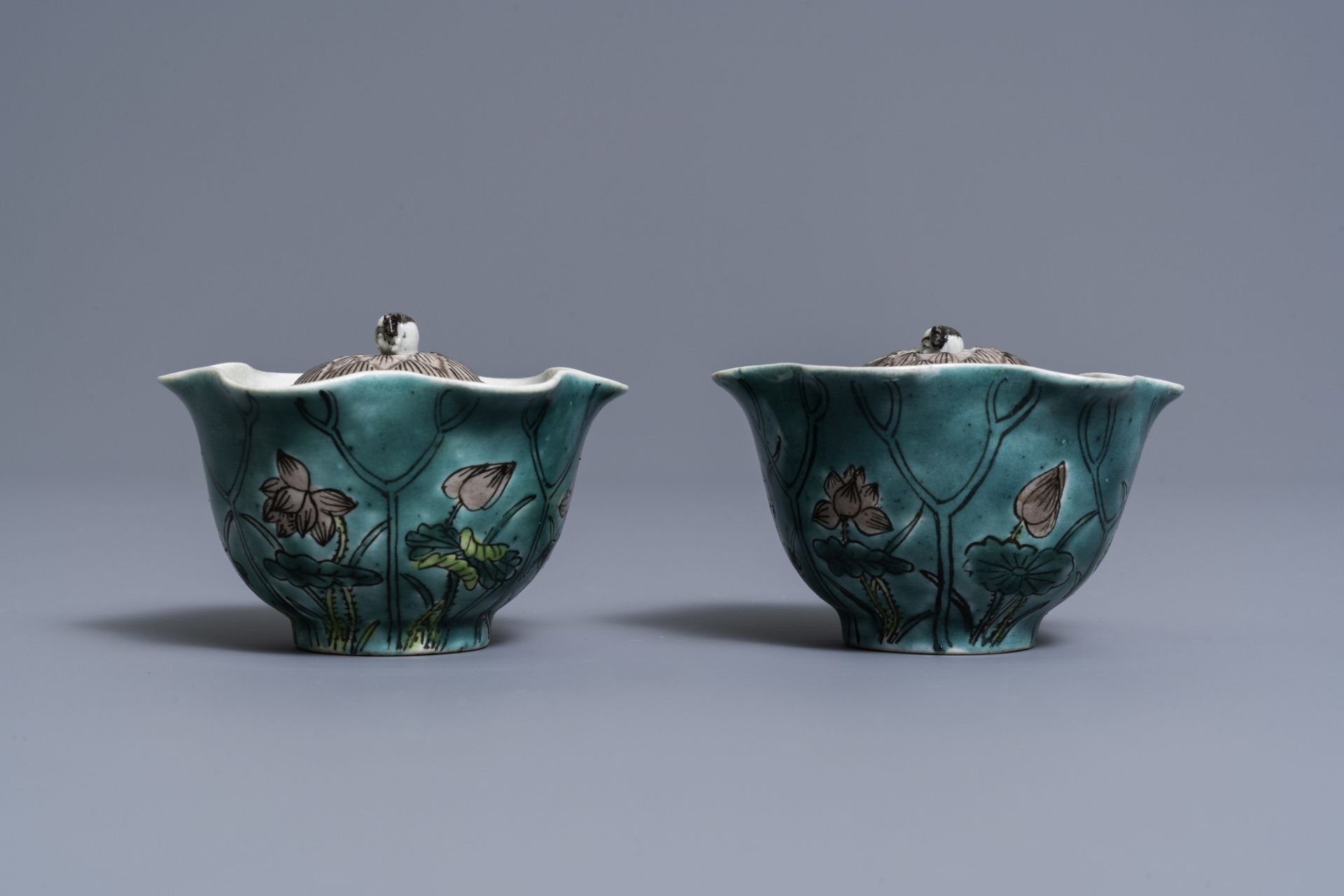 A pair of Chinese verte biscuit lotus-shaped trick cups, 19th C. - Image 5 of 11