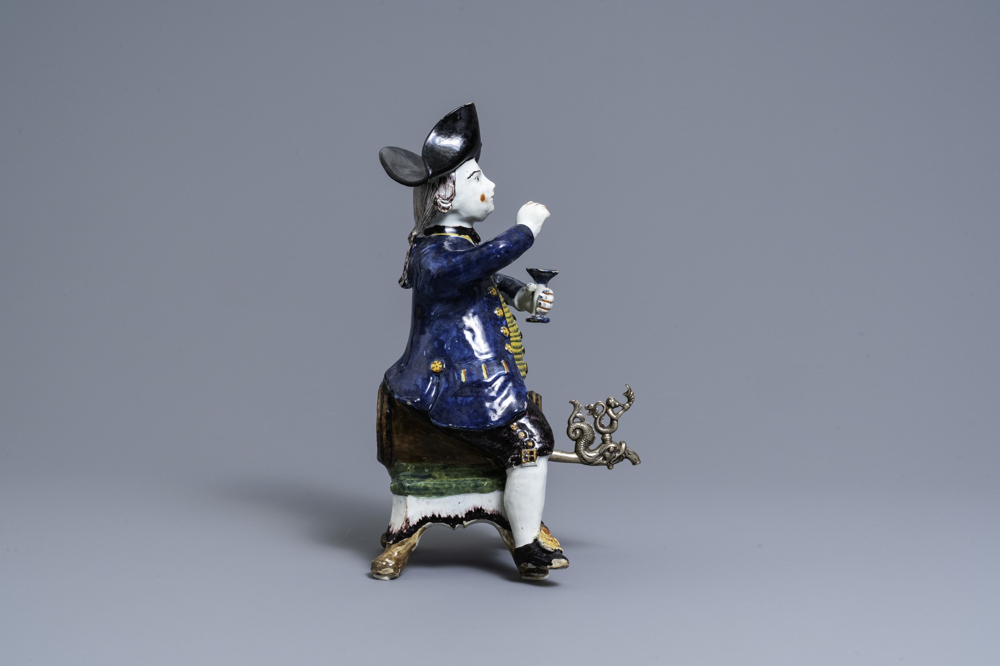 A large polychrome Dutch Delft 'Bobbejak' table fountain, 18th C. - Image 3 of 9