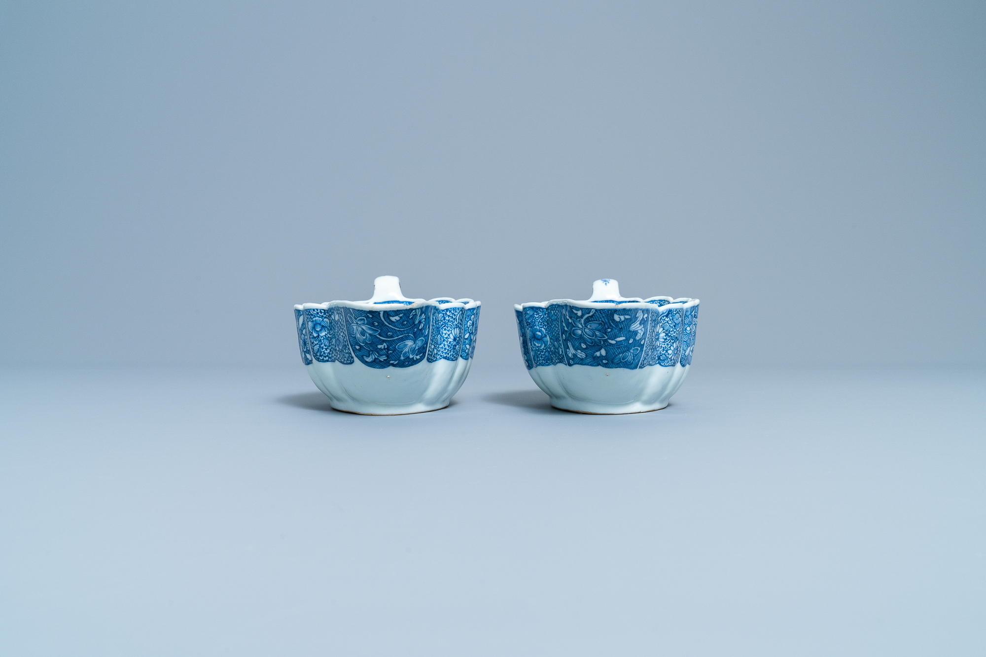 A pair of Chinese blue and white 'Xi Xiang Ji' sauceboats on stand, Qianlong - Image 6 of 10