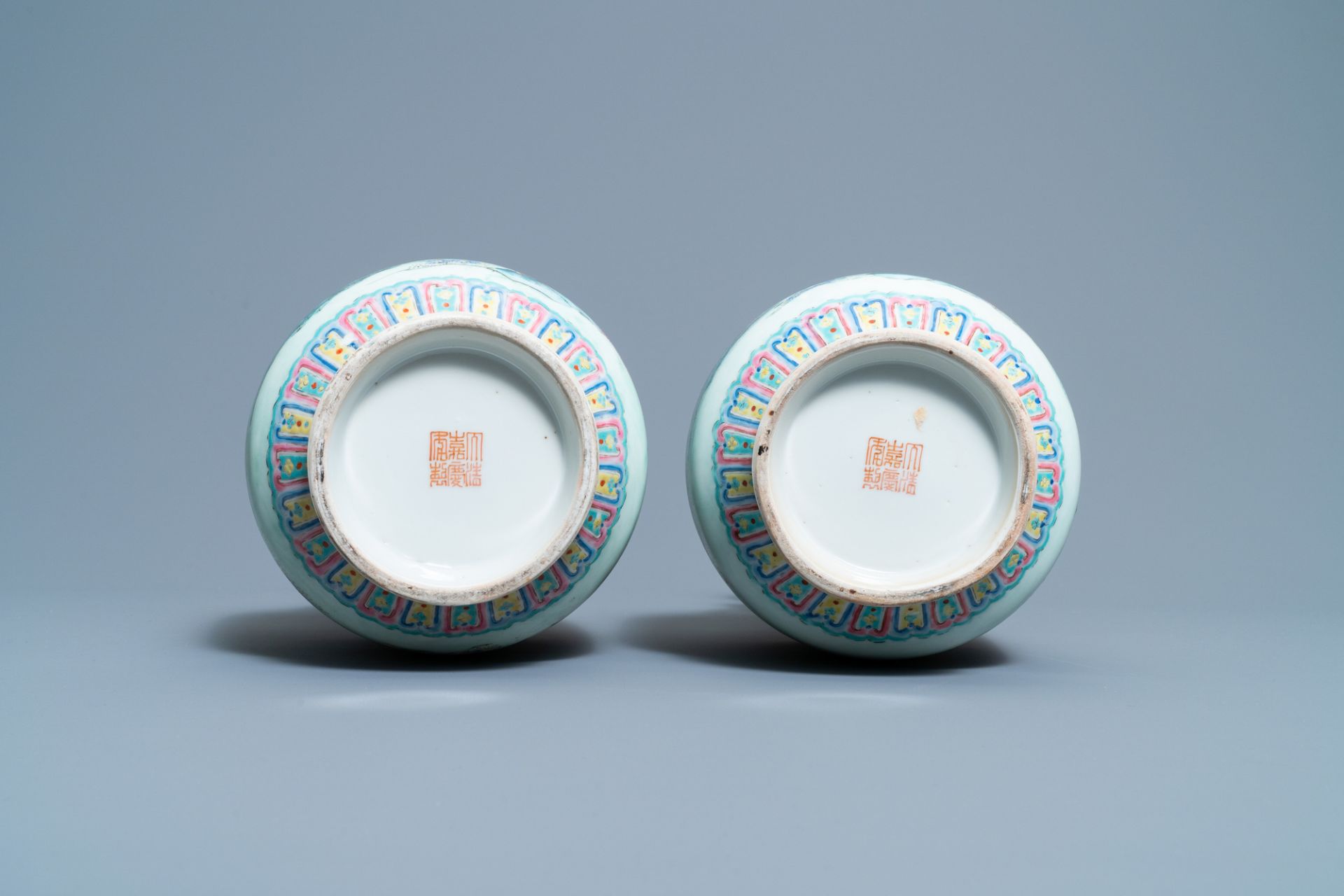 A pair of Chinese famille rose 'floral scenery' vases, Jiaqing mark, 19th C. - Image 6 of 6