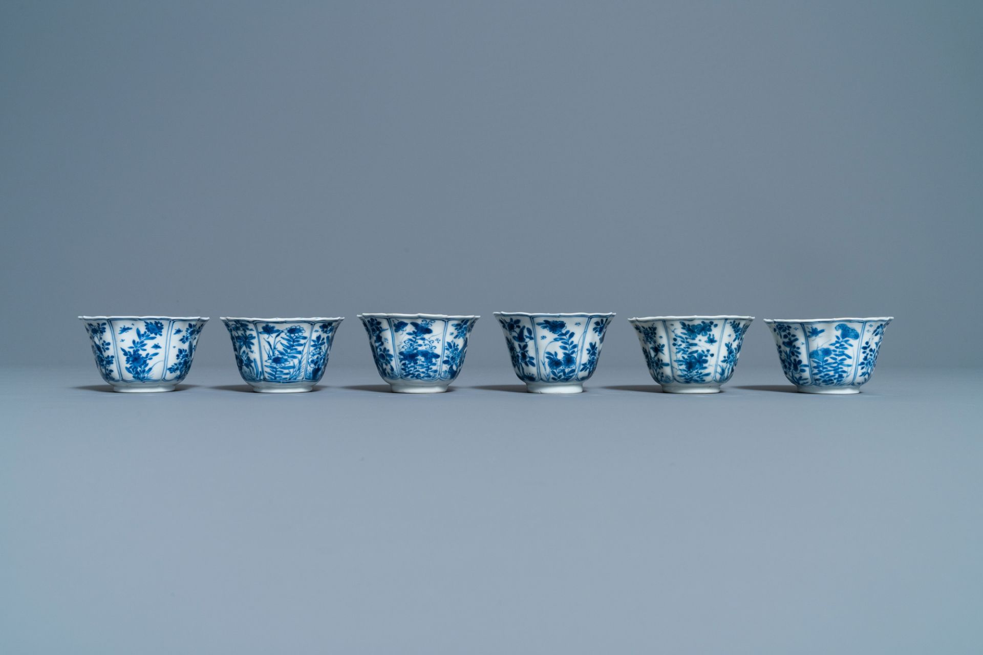 Six Chinese blue and white cups and saucers, Kangxi - Image 9 of 11