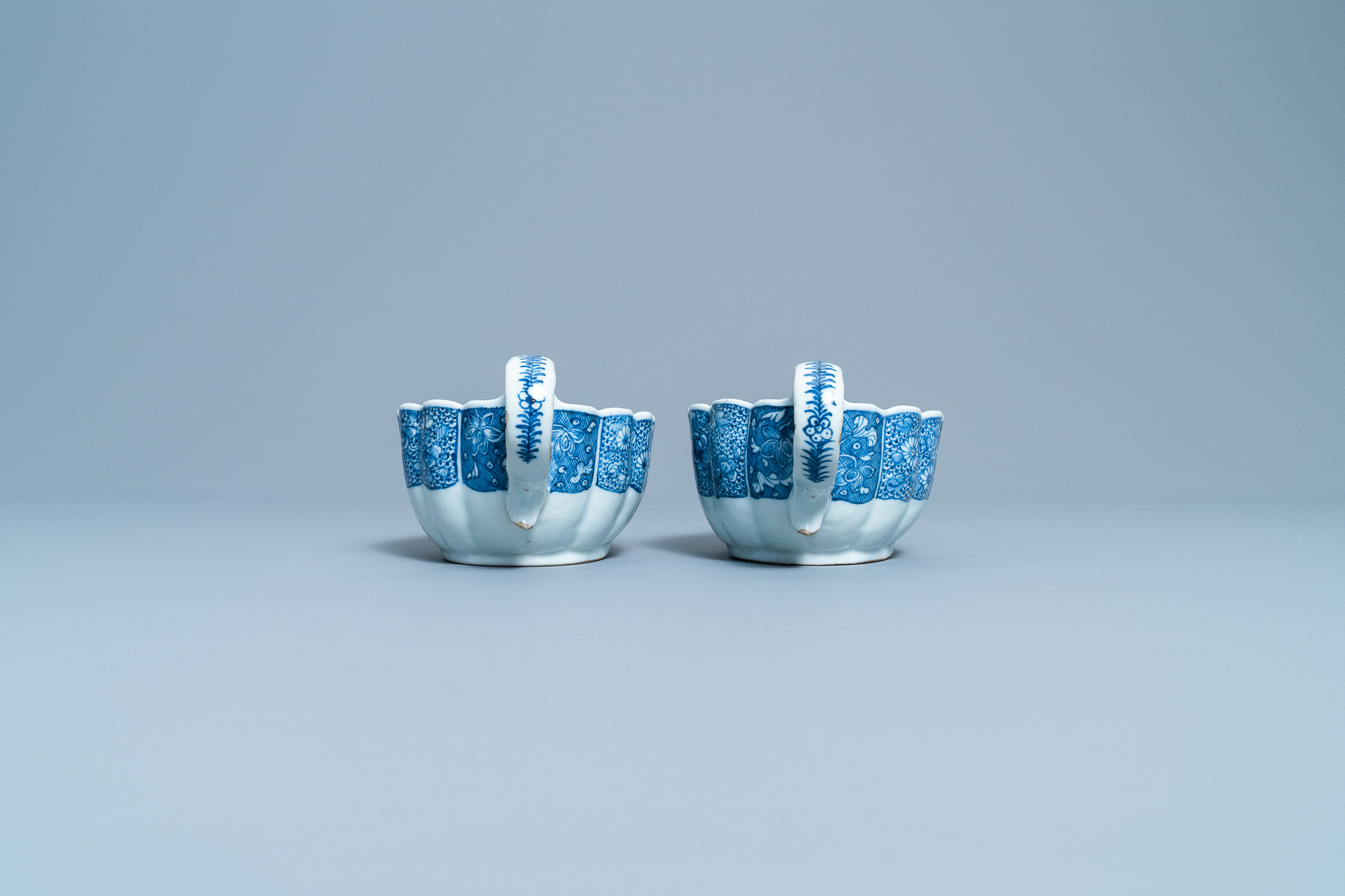 A pair of Chinese blue and white 'Xi Xiang Ji' sauceboats on stand, Qianlong - Image 8 of 10