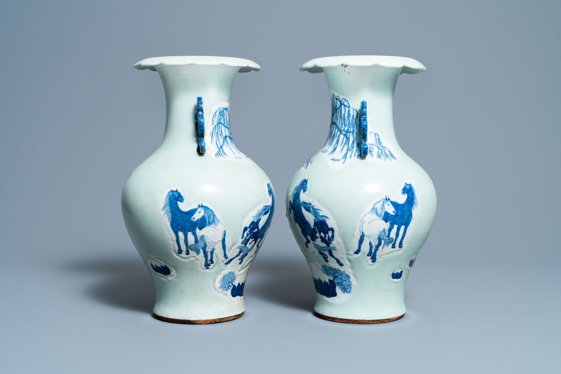 A pair of Chinese blue and white celadon 'horse' vases, 19th C. - Image 4 of 6