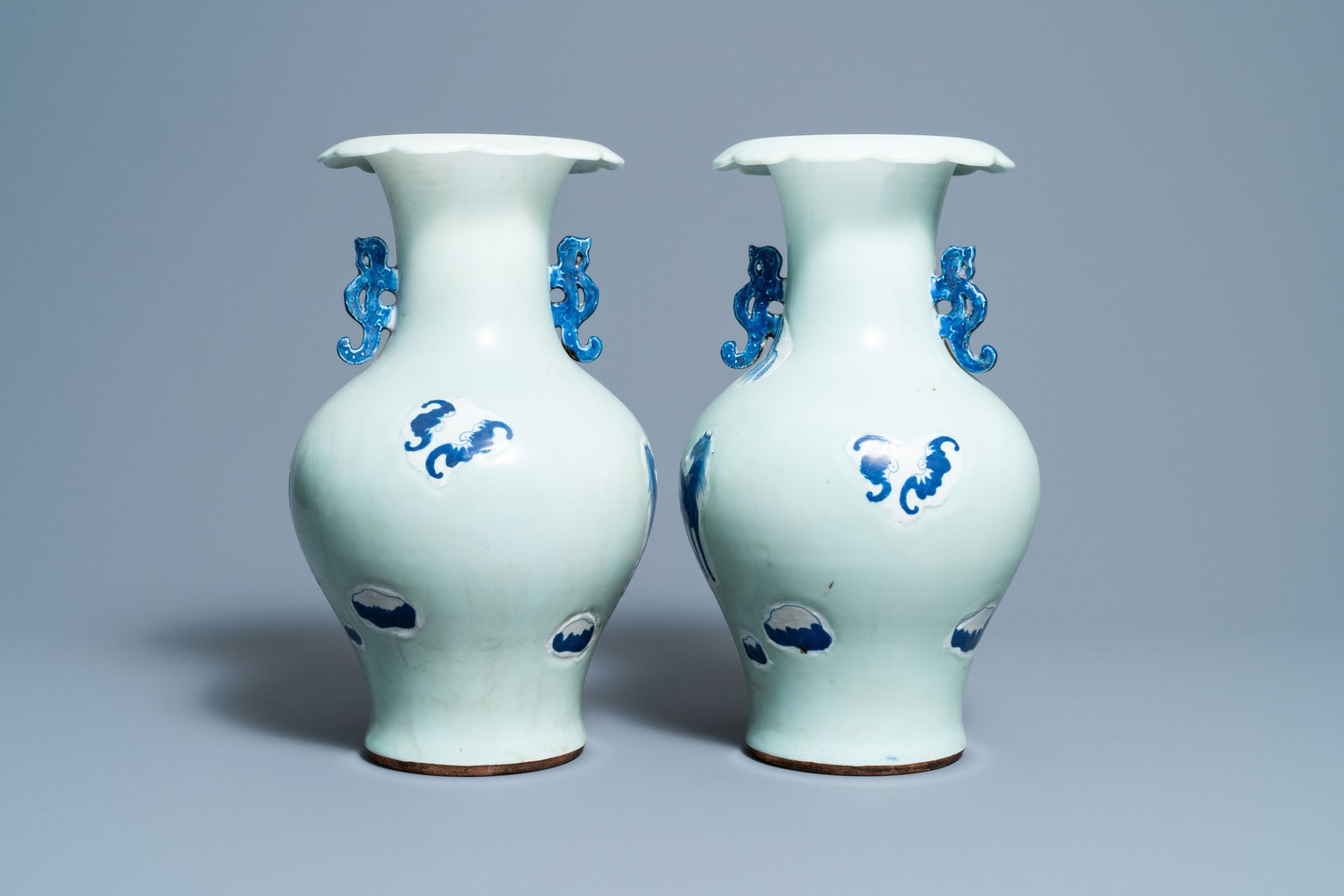 A pair of Chinese blue and white celadon 'horse' vases, 19th C. - Image 3 of 6