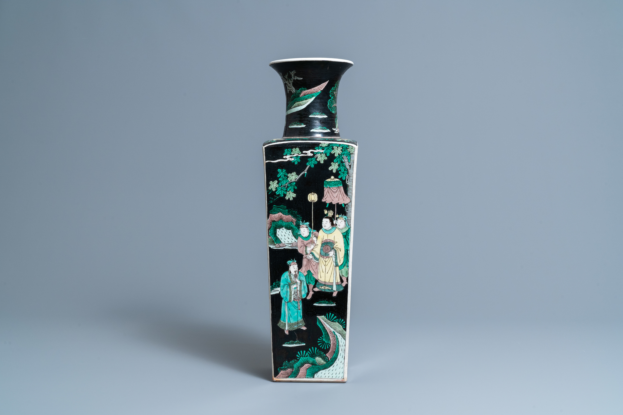 A Chinese square famille noire vase with figurative panels, Kangxi mark, 19th C. - Image 5 of 7