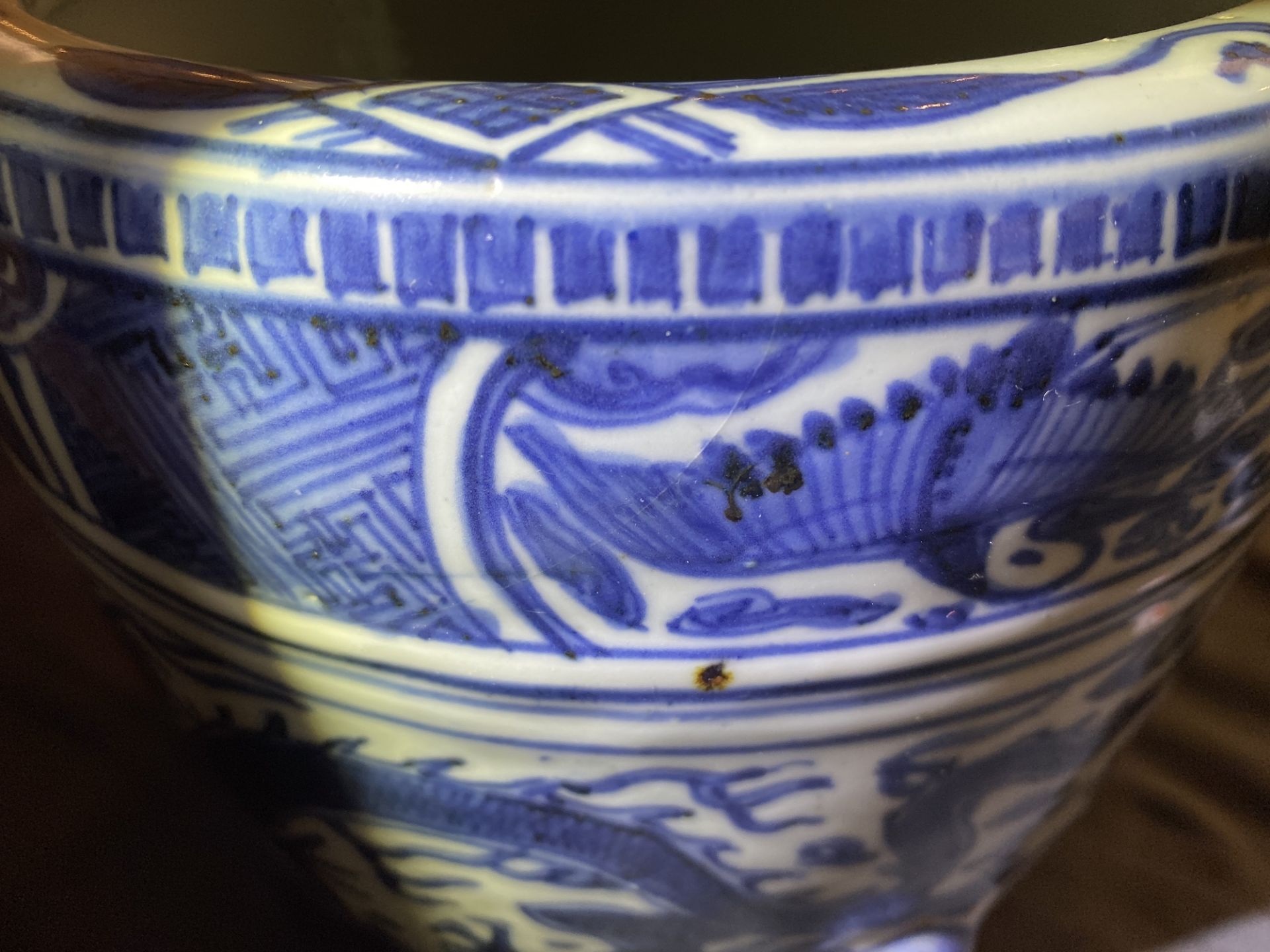 A Chinese blue and white 'dragon' tripod censer, Ming - Image 8 of 20