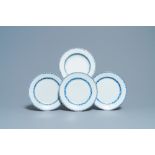 Four Chinese blue and white bianco-sopra-bianco plates, Yongzheng/Qianlong