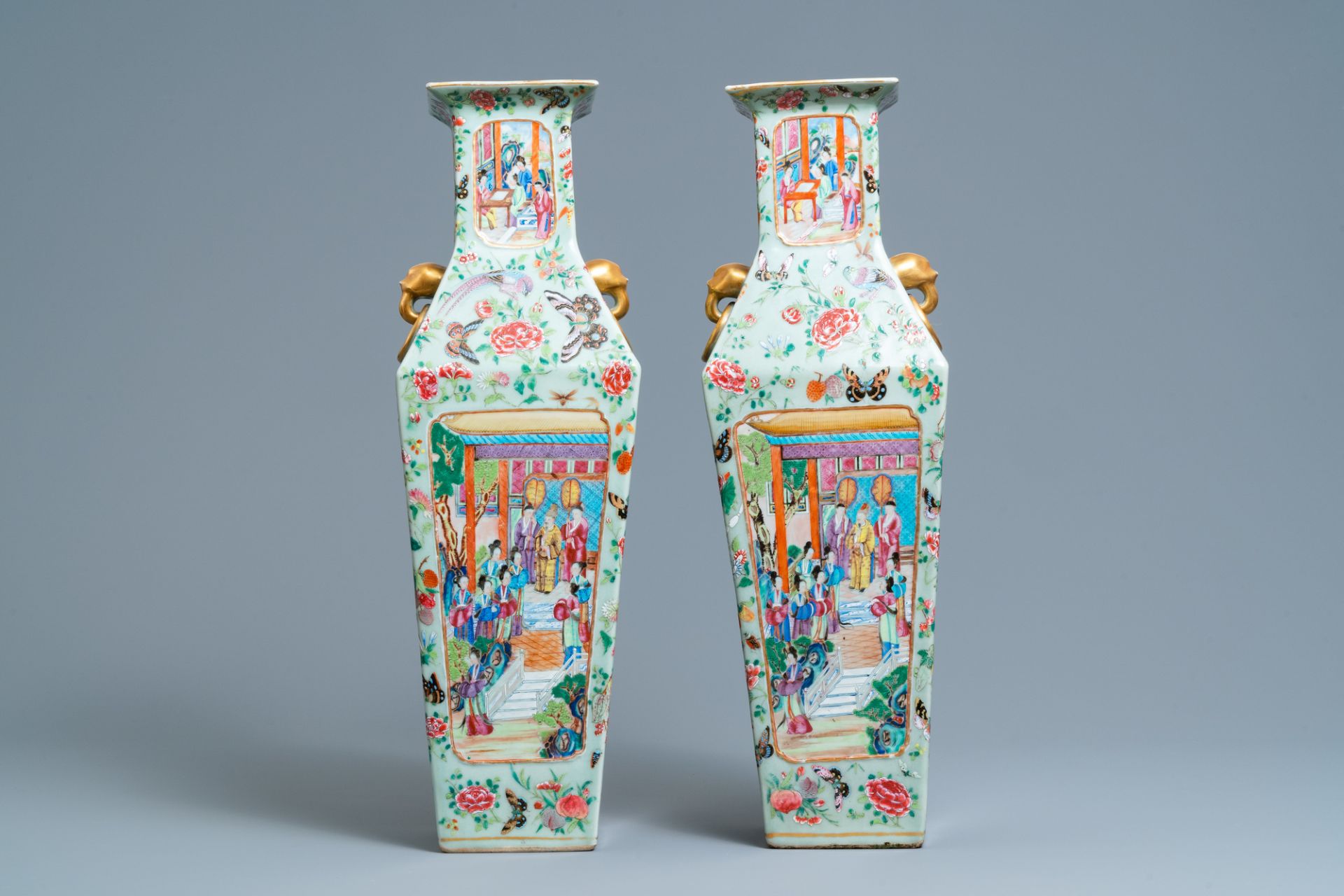 A pair of Chinese square famille rose celadon-ground vases on gilt bronze feet, 19th C. - Image 4 of 7