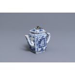 A rare Dutch Delft blue and white relief-moulded teapot and cover, late 17th C.